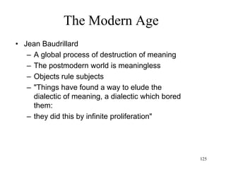 125
The Modern Age
• Machine Intelligence
1943: Norman Wiener’s Cybernetics
1948: Claude Shannon’s Theory of Information
1950: Turing’s test
1952: Yehoshua Bar-Hillel’s Machine Translation
1956: John McCarthy’s Artificial intelligence
conference
1957: Newell & Simon’s General Problem Solver
1957: Rosenblatt’s Perceptron
1957: Chomsky’s Grammar
1965: Feigenbaum’s Dendral
 