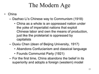 15
Looking back...
• Why the West?
– The European medieval world was a world
living in a state of constant instability, and so is
the capitalist/technological world.
– The multitude of enterprises that populate a
capitalist economy recalls the multitude of
competing city states of medieval Italy.
– Big states engaged in constant military
competition the same way that big corporations
engage in constant technological competition.
– Innovation leads to instability and the West,
coming out of the Middle Ages, was better at
coping with instability than the East
 