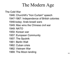 64
The Modern Age
• Martin Heidegger (1927)
– Technology alienates humans because it
recasts the natural environment as a
“Bestand” to be utilized for the purpose of
humans
• “The Earth reveals itself as a mining
district… the Rhine itself appears to be
something at our command…e.g, a supply
of power... no longer the river running
through the native country”
– People lose their identity because the natural
environment that provided them with an
identity is now simply a store of resources to
be exploited
 
