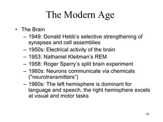 98
The Modern Age
• Media Revolutions
– Radio (Charles Herrold, San Jose, 1909)
– Stereo radio (BBC, 1925)
– Talkies (“Jazz Singer”, 1927)
– FM radio (Edwin Armstrong, 1933)
– Magnetic reel-to-reel tape recorder (AEG, 1935)
– Commercial Television (CBS & NBC, New York,
1941)
– LP (Columbia, 1948)
– Ampex tape recorder (Ampex, 1948)
– Stereo magnetic tape (EMI, 1954)
– Stereo record (Audio Fidelity, 1957)
– Stereo FM (WGFM, 1961)
– Compact Cassette (Philips, 1963)
1948 Admiral tv set
 