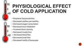  Peripheral Vasoconstriction
 Decreased capillary permeability
 Decreased oxygen consumption
 Decreased local metabolism
 Increased blood viscosity
 Decreased muscle tone
 Decreased blood flow
 Decreased lymph flow
 Decreased motility of leucocytes
 