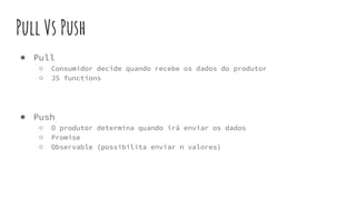Pull Vs Push
● Pull
○ Consumidor decide quando recebe os dados do produtor
○ JS functions
● Push
○ O produtor determina quando irá enviar os dados
○ Promise
○ Observable (possibilita enviar n valores)
 