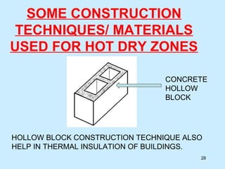 SOME CONSTRUCTION
TECHNIQUES/ MATERIALS
USED FOR HOT DRY ZONES
28
HOLLOW BLOCK CONSTRUCTION TECHNIQUE ALSO
HELP IN THERMAL INSULATION OF BUILDINGS.
CONCRETE
HOLLOW
BLOCK
 