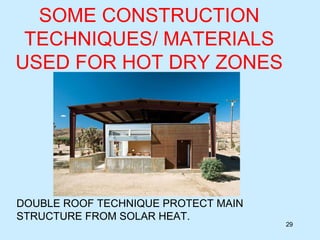 SOME CONSTRUCTION
TECHNIQUES/ MATERIALS
USED FOR HOT DRY ZONES
ZONES
29
DOUBLE ROOF TECHNIQUE PROTECT MAIN
STRUCTURE FROM SOLAR HEAT.
 