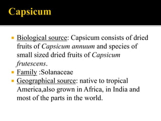  Biological source: Capsicum consists of dried
fruits of Capsicum annuum and species of
small sized dried fruits of Capsicum
frutescens.
 Family :Solanaceae
 Geographical source: native to tropical
America,also grown in Africa, in India and
most of the parts in the world.
 
