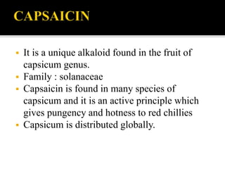  It is a unique alkaloid found in the fruit of
capsicum genus.
 Family : solanaceae
 Capsaicin is found in many species of
capsicum and it is an active principle which
gives pungency and hotness to red chillies
 Capsicum is distributed globally.
 