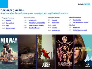 Πρεμιέρες Ιουλίου
Αυτό τον μήνα δυνατές οσκαρικές πρεμιέρες και μεγάλα Blockbusters!
Πρεμιέρες Πέμπτης
2/7 Pavarotti
9/7 Mean Queen
16/7 Trouble
23/7 Zeroville
30/7 Las Ninas Bien
Πρεμιέρες Σαββάτου
4/7 Paradise Hills
11/7 The Extraordinary Journey
of the Fakir
18/7 Honey Boy
25/7 It's for Your Own Good
Πρεμιέρες Κυριακής
5/7 Midway
12/7 The Goldfinch
19/7 Joker
26/7 Charlie’s Angels
Πρεμιέρες Τρίτης
7/7 A Hidden Life
14/7 Where’d you go Bernadette
21/7 Brawl in the Cell Block 99
28/7 An officer & a spy
 
