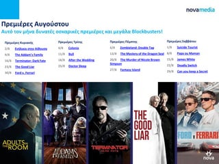 Πρεμιέρες Αυγούστου
Αυτό τον μήνα δυνατές οσκαρικές πρεμιέρες και μεγάλα Blockbusters!
Πρεμιέρες Πέμπτης
6/8 Zombieland: Double Tap
13/8 The Mystery of the Dragon Seal
20/8 The Murder of Nicole Brown
Simpson
27/8 Fantasy Island
Πρεμιέρες Σαββάτου
1/8 Suicide Tourist
8/8 Papa ou Maman
15/8 James White
22/8 Deadly Switch
29/8 Can you keep a Secret
Πρεμιέρες Κυριακής
2/8 Ενήλικοι στην Αίθουσα
9/8 The Addam’s Family
16/8 Terminator: Dark Fate
23/8 The Good Liar
30/8 Ford v. Ferrari
Πρεμιέρες Τρίτης
4/8 Colonia
11/8 Bull
18/8 After the Wedding
25/8 Doctor Sleep
 