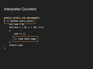 Interpreter Counters
public static int doLoop10()
{ // method entry point
int sum = 0;
for(int i = 0; i < 10; i++)
{
sum += i;
// loop back-edge
}
return sum;
}
 