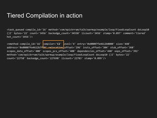 Tiered Compilation in action
<task_queued compile_id='16' method='com/epickrram/talk/warmup/example/loop/FixedLoopCount doLoop10
()I' bytes='22' count='3456' backedge_count='34550' iicount='3456' stamp='0.097' comment='tiered'
hot_count='3456'/>
<nmethod compile_id='16' compiler='C2' level='4' entry='0x00007fe4612b8080' size='448'
address='0x00007fe4612b7f50' relocation_offset='296' insts_offset='304' stub_offset='368'
scopes_data_offset='400' scopes_pcs_offset='408' dependencies_offset='440' oops_offset='392'
method='com/epickrram/talk/warmup/example/loop/FixedLoopCount doLoop10 ()I' bytes='22'
count='22758' backedge_count='227698' iicount='22783' stamp='0.099'/>
 