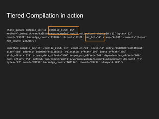 Tiered Compilation in action
<task_queued compile_id='19' compile_kind='osr'
method='com/epickrram/talk/warmup/example/loop/FixedLoopCount doLoop10 ()I' bytes='22'
count='23321' backedge_count='233206' iicount='23321' osr_bci='4' stamp='0.101' comment='tiered'
hot_count='233206'/>
<nmethod compile_id='19' compile_kind='osr' compiler='C2' level='4' entry='0x00007fe4612b5da0'
size='608' address='0x00007fe4612b5c50' relocation_offset='296' insts_offset='336'
stub_offset='528' scopes_data_offset='560' scopes_pcs_offset='568' dependencies_offset='600'
oops_offset='552' method='com/epickrram/talk/warmup/example/loop/FixedLoopCount doLoop10 ()I'
bytes='22' count='70199' backedge_count='702134' iicount='70232' stamp='0.103'/>
 