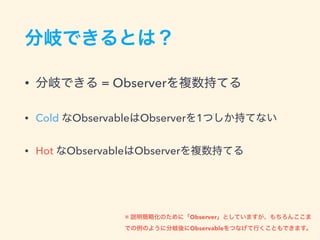 • = Observer
• Cold Observable Observer 1
• Hot Observable Observer
※ Observer
Observable
 