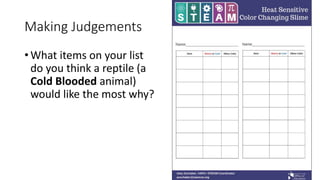 Making Judgements
• What items on your list
do you think a reptile (a
Cold Blooded animal)
would like the most why?
 