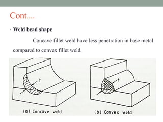Cont....
• Weld bead shape
Concave fillet weld have less penetration in base metal
compared to convex fillet weld.
 