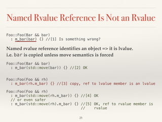 Named Rvalue Reference Is Not an Rvalue
Foo::Foo(Bar && bar) 
: m_bar(bar) {} //[1] Is something wrong?
Named rvalue reference identifies an object => it is lvalue. 
i.e. bar is copied unless move semantics is forced
Foo::Foo(Bar && bar) 
: m_bar(std::move(bar)) {} //[2] OK
Foo::Foo(Foo && rh) 
: m_bar(rh.m_bar) {} //[3] copy, ref to lvalue member is an lvalue
Foo::Foo(Foo && rh) 
: m_bar(std::move(rh.m_bar)) {} //[4] OK 
// or even safer 
: m_bar(std::move(rh).m_bar) {} //[5] OK, ref to rvalue member is 
// rvalue
!25
 