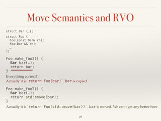 Move Semantics and RVO
!29
struct Bar {…};
struct Foo { 
Foo(const Bar& rh); 
Foo(Bar && rh); 
… 
};
Foo make_foo2() {
Bar bar(…);
return bar; 
}
Everything correct?
Actually it is `return Foo(bar)`. bar is copied
Foo make_foo2() {
Bar bar(…);
return std::move(bar); 
}
Actually it is `return Foo(std::move(bar))`. bar is moved. We can’t get any better here
 