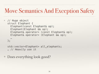 Move Semantics And Exception Safety
❖ // Huge object 
struct Elephant { 
Elephant(const Elephant& op); 
Elephant(Elephant && op); 
Elephant& operator= (const Elephant& op); 
Elephant& operator= (Elephant && op); 
… 
}; 
 
std::vector<Elephant> all_elephants; 
… // Heavily use it
❖ Does everything look good?
!30
 