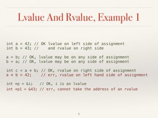 Lvalue And Rvalue, Example 1
int a = 42; // OK lvalue on left side of assignment
int b = 43; // and rvalue on right side
a = b; // OK, lvalue may be on any side of assignment
b = a; // OK, lvalue may be on any side of assignment
int c = a * b; // OK, rvalue on right side of assignment
a * b = 42; // err, rvalue on left hand side of assignment
int *p = &i; // OK, i is an lvalue
int *p1 = &43; // err, cannot take the address of an rvalue
!5
 