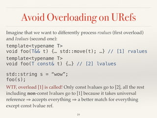 Avoid Overloading on URefs
Imagine that we want to differently process rvalues (ﬁrst overload)
and lvalues (second one):
template<typename T> 
void foo(T&& t) {… std::move(t); …} // [1] rvalues
template<typename T> 
void foo(T const& t) {…} // [2] lvalues
std::string s = “wow”; 
foo(s);
WTF, overload [1] is called! Only const lvalues go to [2], all the rest
including non-const lvalues go to [1] because it takes universal
reference ⇒ accepts everything ⇒ a better match for everything
except const lvalue ref.
19
 
