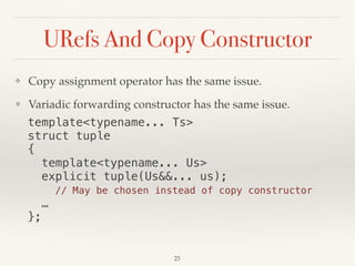 URefs And Copy Constructor
❖ Copy assignment operator has the same issue.
❖ Variadic forwarding constructor has the same issue.
template<typename... Ts> 
struct tuple 
{ 
template<typename... Us> 
explicit tuple(Us&&... us); 
// May be chosen instead of copy constructor 
… 
};
25
 