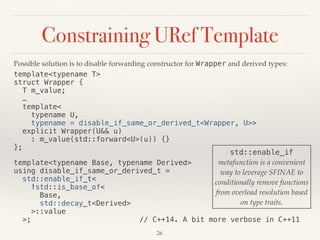 Constraining URef Template
Possible solution is to disable forwarding constructor for Wrapper and derived types:
template<typename T> 
struct Wrapper { 
T m_value; 
… 
template< 
typename U, 
typename = disable_if_same_or_derived_t<Wrapper, U>> 
explicit Wrapper(U&& u) 
: m_value(std::forward<U>(u)) {} 
};
template<typename Base, typename Derived> 
using disable_if_same_or_derived_t = 
std::enable_if_t< 
!std::is_base_of< 
Base, 
std::decay_t<Derived> 
>::value 
>; // C++14. A bit more verbose in C++11
26
std::enable_if
metafunction is a convenient
way to leverage SFINAE to
conditionally remove functions
from overload resolution based
on type traits.
 