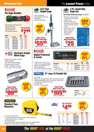 Measuring Tools                                                                                                 The Lowest Prices in the
                                                                           0-6" Dial                                                    4 Pc. Small Hole
                                                                           Height Gage                                                  Gage Set
     Pin Gage Handles                                                                                                     Flat Bottom Measuring Range 1⁄ 8" to 1⁄ 2"
                                                             • .001" graduations
                                                             • Fine adjustment and lock                                   • Measures inside diameters
                                                             • Shockproof                                                   or widths of small shallow
                                                             • Stainless steel beam                                         holes or slots
                                                                                                                          • Half-ball construction                   SAVE
     • Comfortable and ergonomical
                                                                                                                            permits use not accessible
                                                                                                                            with full-ball style into slot           42%
     • Can be used with
       GO pin (green) and         As       Low As
                                                                 SAVE
                                                                  OVER
                                                                                                                            or hole
                                                                                                                          • Simply insert, lock in
                                                                                                                            place, remove and
       NO GO pins (red)
                                     $ 99                         50%
     • No bushings required


      Range                       Mfr’s
                                           7Sale
                                                                                                                            take micrometer
                                                                                                                            measurement
                                                                                                                          • Vinyl case
       Cap.        Model #        List      Price
      .011-.060"   PX510-2191     $10.68    $7.99
                                                                  Sale Price                                                  Sale Price
                                                               Model # PX891-6098                                          Model # PX615-6250
      .061-.250    PX510-2192      13.35    10.29
                                                              $
      .251-.500
      .501-.625
      .751-.832
      .833-.916
                   PX510-2193
                   PX510-2194
                   PX510-2196
                   PX510-2197
                                   15.76
                                   16.82
                                   17.89
                                   17.89
                                            11.89
                                            12.95
                                            13.95
                                            13.95
                                                                  5595
                                                              Regular Price: $115.70
                                                                                                                              $
                                                                                                                                  25
                                                                                                                          Regular Price: $43.24
      .917-1.000   PX510-2198      20.02    14.95


                      Electronic Height                                                                                                                              SAVE
                      Offset Gage                            Digital Protractor                                                                                       UP TO
                                                             & Levels                                                                                                 25%
    • High-sensitivity gage for height
      offset presetting
    • Four highly visible LED lights                         • Instant LCD of level, tilt, true                                                                      Mfr’s    Sale
    • Precision ground; HRC 60                                 vertical or any angle in between    Description                   Res.        Acc.     Model #        List     Price
    • .0002" TIR • Battery included                          • Meas. range: 360° (90° x 4)         Protractor                    ±.1°        .1°      PX317-0585     $159.08 $118.95
    • 1" dia. shank • .310" dia. probe                       • With 9 volt battery                 Pro 360 Level                 ±.1°        .1°      PX240-0341      223.72 178.00
                                                             • (2) 3V lithium batteries included   Pro 3600 w/SPD Level          ±.01        .05      PX240-0343      348.11 308.95


                                                                                   6" Long 10 Parallel Set
                                                             • 1⁄ 32" width
                                                             • Made from high-grade alloy steel, hardened and ground
                                                             • Height speciﬁcations relate to consistency within each
                                                               pair. Absolute heights are nominal
                                                             • Includes case
                                           SAVE
                                            OVER
                                                             • 1⁄ 2-15⁄ 8 in 1⁄ 8" increments
          Sale Price                                                                                 Sale Price
       Model # PX636-7044                  10%                             SAVE                    Model # PX422-3295

      $               95                                                                       $                     95                               Accuracy

           99
      Regular Price: $115.98
                                                                            OVER
                                                                           20%                     105
                                                                                                    Mfr’s List: $134.50
                                                                                                                                                      Parallelism:      ±.0001"
                                                                                                                                                      Paired in height: ±.0001"
                                                                                                                                                      HRC:              50




    Standard Tape                                                                               MFR'S
                                                                                               WARRANTY
                                                                                                                     As Low As                                   SAVE
                                                                                                                                                                  UP TO
                                                                                                                     $ 99
    Measures
                                                                                                                              4                                  50%
                                                                                                                                                                    Mfr’s     Sale
                                                                                                             L        W         Grad.               Model #         List      Price
    • Corrosion-resistant hook                                                                               12'      1⁄ 2"     1⁄ 16"              PX890-0345      $8.24     $4.99
    • 1" wide blades feature hook that moves to allow inside and                                             25'      1         1⁄ 16               PX890-0346      15.07      8.49
      outside measure and a 7' standout                                                                      30'      1         1⁄ 16               PX319-3731      17.82      8.79
    • Forward blade lock                                                                                     5m       3⁄4       1⁄ 16               PX890-0343      11.00      5.49
    • Hi-visibility yellow, high-impact plastic with a new updated shape                                     5m       3⁄4       1⁄ 16, 1mm          PX890-0344      11.00      5.49
    • Blade returns automatically once blade lock is released                                                7.5m     1         1⁄ 16               PX890-0342      15.07      8.99



10                                         The RIGHT TOOL at the RIGHT PRICE
10-11 EH 13-04 Meas.indd 10                                                                                                                                                 3/21/13 10:51 AM
 