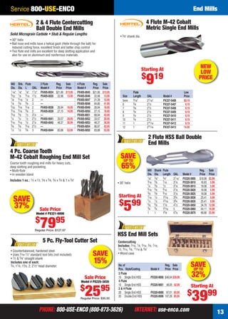 Service 800-USE-ENCO                                                                                                                                             End Mills

                             2 & 4 Flute Centercutting                                                                      4 Flute M-42 Cobalt
                             Ball Double End Mills                                                                          Metric Single End Mills
    Solid Micrograin Carbide • Stub & Regular Lengths
                                                                                                  • 3⁄ 8" shank dia.
    • 30° helix
    • Ball nose end mills have a helical gash (Helix through the ball) for
      reduced cutting force, excellent ﬁnish and better chip control
    • Two ﬂute end mills are excellent for deep slotting application and
      also for use on aluminum and nonferrous materials



                                                                                                                        Starting At
                                                                                                                                                                         NEW
                                                                                                                                                                          LOW
                                                                                                                        $ 19
     Mill Shk. Flute
     Dia. Dia. L         OAL
                                 2 Flute
                                 Model #
                                            Reg. Sale
                                            Price Price
                                                                     4 Flute
                                                                     Model #
                                                                                Reg. Sale
                                                                                Price Price
                                                                                                                            9                                            PRICE

     1⁄ 16" 1⁄ 8" 1⁄ 8" 11⁄ 2"   PX405-0034 $21.90 $13.95            PX405-0045 $21.90 $13.95                  Flute                                        Low
     3⁄ 32 1⁄ 8    3⁄ 16 11⁄ 2   PX405-0035 22.98 13.95              PX405-0046 22.98 13.95         Size       Length        OAL            Model #         Price
     1⁄ 8   3 ⁄ 16 1⁄4   2       —                                   PX405-0047 21.39 12.95                    9⁄ 16"
                                                                                                    5mm                      27⁄16"         PX337-5406      $9.19
     1⁄ 8   3⁄ 8   3⁄ 8  3       —                                   PX405-0048 64.80 41.95                    5⁄ 8
                                                                                                    6                        21⁄2           PX337-5407       9.19
     5⁄ 32 3⁄ 16 5⁄ 16 2         PX405-0038 26.94 16.95              PX405-0049 26.94 16.95                    5⁄ 8
                                                                                                    7                        21⁄2           PX337-5408       9.19
     3⁄ 16 3⁄ 16 3⁄ 8    2       PX405-0039 27.15 16.95              PX405-0050 27.15 16.95                    3⁄4
                                                                                                    8                        21⁄2           PX337-5409       9.19
     3⁄ 16 3⁄ 8    1⁄ 2  31⁄4    —                                   PX405-0051 68.94 43.95                    3⁄4
                                                                                                    9                        21⁄2           PX337-5410       9.19
     1⁄4    1⁄4    1⁄ 2  21⁄2    PX405-0041 33.57 20.95              PX405-0052 33.57 20.95                    3⁄4
                                                                                                    10                       21⁄2           PX337-5411       9.19
     5⁄ 16 5⁄ 16 1⁄ 2    21⁄2    PX405-0042 48.37 30.95              PX405-0053 48.37 30.95         11         1             211⁄16         PX337-5412       9.19
     3⁄ 8   3⁄ 8   9⁄ 16 21⁄ 2   —                                   PX405-0054 66.97 42.95         12         1             211⁄16         PX337-5413      14.35
     1⁄ 2   1⁄ 2   5⁄ 8  3       PX405-0044 83.88 53.95              PX405-0055 83.88 53.95

                                                                                                                              2 Flute HSS Ball Double
                                                                                                                              End Mills
    4 Pc. Coarse Tooth
    M-42 Cobalt Roughing End Mill Set                                                             SAVE
                                                                                                   UP TO
    Coarse tooth roughing end mills for heavy cuts,
    deep slotting and pocketing.
    • Multi-ﬂute
                                                                                                   65%                        Mill Shank Flute                           Reg.     Sale
    • In wooden stand                                                                                                         Dia. Dia. Length OAL          Model #      Price    Price
                                                                                                                              1⁄ 8" 3⁄ 8" 3⁄ 8" 31⁄ 16"     PX320-3805   $18.08   $5.99
    Includes 1 ea.: 1⁄ 2 x 1⁄ 2, 5⁄ 8 x 5⁄ 8, 3⁄4 x 3⁄4 & 1 x 3⁄4"                                                            3⁄ 16 3⁄ 8  7⁄ 16
                                                                                                • 30˚ helix                                     31⁄ 8       PX320-3810    16.93    5.99
                                                                                                                              1⁄4   3⁄ 8  1⁄ 2  31⁄ 8       PX320-3815    18.08    5.99
                                                                                                                              5⁄ 16 3⁄ 8  9⁄ 16 31⁄ 8       PX320-3820    18.08    5.99
                                                                                                                              3⁄ 8  3⁄ 8  9⁄ 16 31⁄ 8       PX320-3825    18.08    5.99
                                                                                                Starting At
       SAVE                                                                                      $ 99
                                                                                                                              7⁄ 16 1⁄ 2
                                                                                                                              1⁄ 2  1⁄ 2
                                                                                                                                          13⁄16
                                                                                                                                          13⁄16
                                                                                                                                                33⁄4
                                                                                                                                                33⁄4
                                                                                                                                                            PX320-3830    25.41    9.99


                                                                                                     5
                                                                                                                                                            PX320-3835    25.41    9.99
       37%                       Sale Price
                                                                                                                              5⁄ 8
                                                                                                                              3⁄4
                                                                                                                                    5⁄ 8
                                                                                                                                    3⁄4
                                                                                                                                          11⁄ 8
                                                                                                                                          15⁄16
                                                                                                                                                41⁄ 2
                                                                                                                                                5
                                                                                                                                                            PX320-3850
                                                                                                                                                            PX320-3860
                                                                                                                                                                          34.79
                                                                                                                                                                          44.11
                                                                                                                                                                                  12.99
                                                                                                                                                                                  16.99
                             Model # PX321-0006                                                                               1     1     15⁄8  57⁄ 8       PX320-3870    66.88   25.99

                            $
                                 7995
                           Regular Price: $127.97
                                                                                                HSS End Mill Sets
                                   5 Pc. Fly-Tool Cutter Set                                    Centercutting
                                                                                                Includes: 3⁄ 16, 1⁄4, 5⁄ 16, 3⁄ 8, 7⁄ 16,
                                                                                                1⁄ 2, 9⁄ 16, 5⁄ 8, 11⁄ 16 & 3⁄4"
     • Counterbalanced, hardened steel
     • Uses 3⁄ 16-1⁄ 2" standard tool bits (not included)
     • 1⁄ 2 & 5⁄ 8" straight shank
                                                                                SAVE            • Wood case

     Includes one of each:
     3⁄4, 11⁄ 8, 13⁄ 8, 2, 21⁄ 2 " head diameter.
                                                                                 15%            No. of                                       Reg. Sale              SAVE
                                                                                                Pcs. Style/Coating               Model #     Price Price             UP TO

                                                                          Sale Price
                                                                                                2 Flute
                                                                                                10 Single End HSS                PX320-9000 $46.64 $39.99           32%
                                                                       Model # PX225-3035       4 Flute
                                                                                                10 Single End HSS                PX320-9001 48.05 42.99             Starting At
                                                                       $              95
                                                                           25
                                                                       Regular Price: $30.55
                                                                                                2 & 4 Flute
                                                                                                20 Single End HSS
                                                                                                20 Double End HSS
                                                                                                                                 PX320-0000 97.01 65.95
                                                                                                                                 PX320-0006 107.28 85.95
                                                                                                                                                               $
                                                                                                                                                                    3999
                                 PHONE: 800-USE-ENCO (800-873-3626)                                             INTERNET: use-enco.com                                                    13

12-13 EH 13-04 EM.indd 13                                                                                                                                                    3/21/13 10:54 AM
 