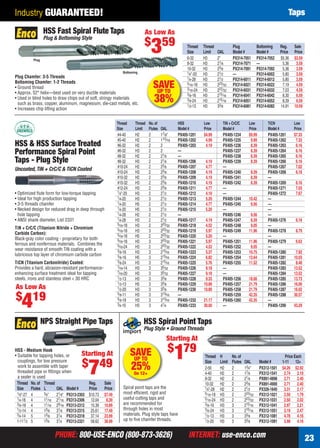 Industry GUARANTEED!                                                                                                                                                        Taps

                      HSS Fast Spiral Flute Taps                             As Low As
                      Plug & Bottoming Style
                                                                             $ 59
               Plug
                                                                                     3                Thread
                                                                                                      Size
                                                                                                      6-32
                                                                                                                  Thread
                                                                                                                  Limit
                                                                                                                  H3
                                                                                                                               OAL
                                                                                                                               2"
                                                                                                                                         Plug
                                                                                                                                         Model #
                                                                                                                                         PX314-7051
                                                                                                                                                             Bottoming
                                                                                                                                                             Model #
                                                                                                                                                             PX314-7052
                                                                                                                                                                             Reg.
                                                                                                                                                                             Price
                                                                                                                                                                             $5.36
                                                                                                                                                                                     Sale
                                                                                                                                                                                     Price
                                                                                                                                                                                     $3.59
                                                                                                      8-32        H3           21⁄ 8     PX314-7071          —                5.36    3.59
                                                                                                      10-32       H3           23⁄ 8     PX314-7091          PX314-7092       5.36    3.59
                                                                Bottoming                             1⁄4"-20     H3           21⁄ 2     —                   PX314-6002       5.80    3.59
     Plug Chamfer: 3-5 Threads                                                                        1⁄4-28      H3           21⁄ 2     PX314-6011          PX314-6012       5.80    3.59
     Bottoming Chamfer: 1-2 Threads
     • Ground thread                                                                 SAVE
                                                                                      UP TO
                                                                                                      5⁄ 16 -18
                                                                                                      3⁄ 16 -24
                                                                                                                  H3
                                                                                                                  H3
                                                                                                                               223⁄32
                                                                                                                               222⁄ 32
                                                                                                                                         PX314-6021
                                                                                                                                         PX314-6031
                                                                                                                                                             PX314-6022
                                                                                                                                                             PX314-6032
                                                                                                                                                                              7.19
                                                                                                                                                                              7.03
                                                                                                                                                                                      4.59
                                                                                                                                                                                      4.59
     • Approx. 52° helix—best used on very ductile materials                                          3⁄ 8-16     H3           215⁄ 16   PX314-6041          PX314-6042       8.30    6.59
     • Used in blind holes to draw chips out of soft, stringy materials
       such as brass, copper, aluminum, magnesium, die-cast metals, etc.
                                                                                     38%              3⁄ 8-24
                                                                                                      1⁄ 2-13
                                                                                                                  H3
                                                                                                                  H3
                                                                                                                               215⁄ 16
                                                                                                                               33⁄ 8
                                                                                                                                         PX314-6051
                                                                                                                                         PX314-6081
                                                                                                                                                             PX314-6052
                                                                                                                                                             PX314-6082
                                                                                                                                                                              8.39
                                                                                                                                                                             14.91
                                                                                                                                                                                      6.59
                                                                                                                                                                                     10.59
     • Increases chip lifting action


                                                             Thread     Thread No. of            HSS              Low              TiN + CrC/C       Low           TiCN              Low
                                                             Size       Limit Flutes OAL         Model #          Price            Model #           Price         Model #           Price
                                                             #4-40      H2       2     17⁄8"     PX405-1201       $4.99            PX405-1234        $9.99         PX405-1261        $7.33
                                                             #5-40      H2       2     115⁄16    PX405-1202        4.99            PX405-1235         9.99         PX405-1262         7.33
    HSS & HSS Surface Treated                                #6-32      H2       2     2         PX405-1203        4.19            PX405-1236         8.39         PX405-1263         6.16
    Performance Spiral Point                                 #6-32
                                                             #8-32
                                                                        H3
                                                                        H2
                                                                                 2
                                                                                 2
                                                                                       2
                                                                                       21⁄8
                                                                                                 —
                                                                                                 —
                                                                                                                                   PX405-1237
                                                                                                                                   PX405-1238
                                                                                                                                                      8.39
                                                                                                                                                      8.39
                                                                                                                                                                   PX405-1264
                                                                                                                                                                   PX405-1265
                                                                                                                                                                                      6.16
                                                                                                                                                                                      6.16
    Taps - Plug Style                                        #8-32      H3       2     21⁄8      PX405-1206        4.19            PX405-1239         8.39         PX405-1266         6.16
                                                             #10-24     H2       2     23⁄8      PX405-1207        4.77            —                               PX405-1267         7.02
    Uncoated, TiN + CrC/C & TiCN Coated                      #10-24     H3       2     23⁄8      PX405-1208        4.19            PX405-1240         8.39         PX405-1268         6.16
                                                             #10-32     H2       2     23⁄8      PX405-1209        4.19            PX405-1241         8.39         —
                                                             #10-32     H3       2     23⁄8      PX405-1210        4.19            PX405-1242         8.39         PX405-1269         6.16
                                                             #12-24     H3       2     23⁄8      PX405-1211        4.77            —                               PX405-1271         7.03
    • Optimized ﬂute form for low-torque tapping             1⁄4"-20    H3       2     21⁄2      PX405-1212        4.19            —                               PX405-1272         7.67
    • Ideal for high production tapping                      1⁄4-20     H3       3     21⁄2      PX405-1213        5.20            PX405-1244        10.42         —
    • 3-5 threads chamfer                                    1⁄4-20     H5       2     21⁄2      PX405-1214        4.77            PX405-1245         9.56         —
    • Necked design for reduced drag in deep through         1⁄4-20     H5       3     21⁄2      PX405-1215        5.20            —                               —
      hole tapping                                           1⁄4-28     H2       2     21⁄2      —                                 PX405-1246         9.56         —
    • ANSI shank diameter, List 2331                         1⁄4-28     H3       2     21⁄2      PX405-1217        4.19            PX405-1247         8.39         PX405-1276         6.16
                                                             5⁄16-18    H3       2     223⁄ 32   PX405-1218        4.52            PX405-1248         9.05         —
    TiN + CrC/C (Titanium Nitride + Chromium                 5⁄16-18    H3       3     223⁄ 32   PX405-1219        5.97            PX405-1249        11.96         PX405-1278         8.79
    Carbide Carbon):                                         5⁄16-18    H5       2     223⁄ 32   PX405-1220        5.20            —                               —
    Black-gray color coating - proprietary for both          5⁄16-18    H3       3     223⁄ 32   PX405-1221        5.97            PX405-1251        11.96         PX405-1279         6.63
    ferrous and nonferrous materials. Combines the           5⁄16-24    H3       2     223⁄ 32   PX405-1222        4.52            PX405-1252         9.05         —
    wear resistance of smooth TiN coating with a             3⁄ 8-16    H3       3     215⁄16    PX405-1223        5.37            PX405-1253        10.75         PX405-1280         7.92
    lubricious top layer of chromium carbide carbon          3⁄ 8-16    H5       3     215⁄16    PX405-1224        6.82            PX405-1254        13.64         PX405-1281        10.03
    TiCN (Titanium Carbonitride) Coated:                     3⁄ 8-24    H3       3     215⁄16    PX405-1225        5.76            PX405-1255        11.52         PX405-1282         8.48
    Provides a hard, abrasion-resistant performance-         7⁄16-14    H3       3     35⁄ 32    PX405-1226        9.18            —                               PX405-1283        13.52
    enhancing surface treatment ideal for tapping            7⁄16-20    H3       3     35⁄ 32    PX405-1227        9.18            —                               PX405-1284        13.52
    steels, irons and stainless steel < 30 HRC               1⁄ 2-13    H3       3     33⁄8      PX405-1228        9.33            PX405-1256        18.66         PX405-1285        13.73
                                                             1⁄ 2-13    H5       3     33⁄8      PX405-1229       10.89            PX405-1257        21.79         PX405-1286        16.00
     As Low As                                               1⁄ 2-20    H3       3     33⁄8      PX405-1230       10.89            PX405-1258        21.79         PX405-1287        16.02
     $ 19                                                    5⁄ 8-11                   313⁄16

        4
                                                                        H3       3               —                                 PX405-1259        42.35         PX405-1288        30.57
                                                             5⁄ 8-18    H3       3     313⁄16    PX405-1232       21.17            PX405-1260        42.35         —
                                                             3⁄4-10     H3       3     41⁄4      PX405-1233       30.00            —                               PX405-1290        43.29


                      NPS Straight Pipe Taps                                 HSS Spiral Point Taps
                                                                             Plug Style • Ground Threads
                                                                                           Starting At
                                                                                            $ 79
     HSS - Medium Hook
     • Suitable for tapping holes, or
       couplings, for low pressure
                                           Starting At
                                         $ 49
                                                                       SAVE
                                                                        UP TO                    1                 Thread        H       No. of                                 Price Each


                                            7
                                                                                                                   Size          Limit   Flutes   OAL         Model #         1-11 12+
       work to assemble with taper
       threaded pipe or ﬁttings when
                                                                       25%
                                                                        On 12+
                                                                                                                   2-56
                                                                                                                   4-40
                                                                                                                                 H2
                                                                                                                                 H2
                                                                                                                                         2
                                                                                                                                         2
                                                                                                                                                  13⁄4"
                                                                                                                                                  17⁄8
                                                                                                                                                              PX312-1501
                                                                                                                                                              PX312-1541
                                                                                                                                                                              $4.26 $2.92
                                                                                                                                                                               2.74 2.10
       a sealer is used                                                                                            8-32          H2      2        21⁄8        PX891-4898       2.71 2.40
       Thread No. of Thread                   Reg.   Sale                                                          10-32         H2      2        23⁄8        PX891-4900       2.71 2.40
       Size     Flutes L     OAL Model #      Price  Price       Spiral point taps are the                         1⁄4"-28       H2      2        21⁄2        PX326-1640       3.31 2.17
       1⁄ 8"-27 4      3⁄4"  21⁄8" PX313-2303 $10.73 $7.49       most efﬁcient, rigid and                          5⁄ 16 -18     H3      2        223⁄ 32     PX312-1021       2.50 1.79
       1⁄4-18   4      11⁄16 27⁄16 PX313-2306 12.04   8.39       useful cutting taps and                           5⁄ 16 -24     H3      2        223⁄ 32     PX312-1031       2.50 2.02
       3⁄ 8-18 4       11⁄16 29⁄16 PX313-2312 15.39 10.89        are recommended for                               3⁄ 8 -16      H3      3        215⁄ 16     PX312-1041       2.97 2.21
       1⁄ 2-14 4       13⁄8 31⁄8 PX313-2315 25.61 17.49          through holes in most                             3⁄ 8 -24      H3      3        215⁄ 16     PX312-1051       3.19 2.47
       3⁄4-14   5      13⁄8 31⁄4 PX313-2318 37.14 23.99          materials. Plug style taps have                   1⁄ 2-13       H3      3        33⁄8        PX312-1081       4.78 4.16
       1-111⁄2 5       13⁄4 31⁄4 PX313-2321 58.62 36.99          up to ﬁve chamfer threads.                        1⁄ 2-20       H3      3        33⁄8        PX312-1091       5.98 4.16


                              PHONE: 800-USE-ENCO (800-873-3626)                                       INTERNET: use-enco.com                                                                23

22-23 EH 13-04 Taps.indd 23                                                                                                                                                      3/21/13 11:02 AM
 