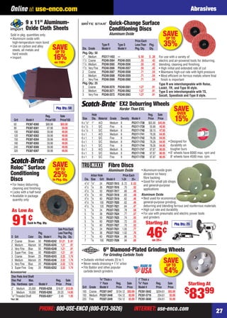Online at use-enco.com                                                                                                                                                   Abrasives

                  9 x 11" Aluminum-                                                              Quick-Change Surface
                  Oxide Cloth Sheets                                                             Conditioning Discs
     Sold in pkg. quantities only.
     • Aluminum oxide with
                                                                                                 Aluminum Oxide                                      SAVE
                                                                                                                                                      UP TO
                                                                                                                       Price Each
       high-temperature resin bond
     • Use on carbon and alloy
                                            SAVE                     Dia. Grade
                                                                                         Type R
                                                                                         Model #
                                                                                                       Type S
                                                                                                       Model #
                                                                                                                       Less Than Pkg.
                                                                                                                       Pkg. Qty. Qty.
                                                                                                                                                     35%
       steels, all metals and
       hard woods
                                             UP TO                   Pkg. Qty.: 50
     • Import                                16%
                                              on 100+
                                                                     1" Medium
                                                                     11⁄2 Coarse
                                                                                         PX317-1453
                                                                                         PX240-3564
                                                                                                       —
                                                                                                       PX240-3555
                                                                                                                           $ .50
                                                                                                                             .55
                                                                                                                                        $ .38
                                                                                                                                          .42
                                                                                                                                                  For use with a variety of
                                                                                                                                                  electric and air-powered tools for deburring,
                                                                     11⁄2 Medium         PX240-3565    PX240-3556            .55          .42     blending, cleaning and ﬁnishing.
                                                                     11⁄2 Very Fine      PX240-3566    PX240-3557            .55          .42     • High initial and extended rate of cut
                                                                     2 Coarse            PX240-3567    PX240-3558            .71          .54     • Maintains high-cut rate with light pressure
                                                                     2 Medium            PX240-3568    PX240-3559            .71          .54     • Most efﬁcient on ferrous metals where ﬁnal
                                                                     2 Very Fine         PX240-3569    PX240-3560            .71          .54       ﬁnish is important
                                                                     Pkg. Qty.: 25                                                                Type R are interchangeable with Roloc,
                                                                     3 Coarse            PX240-3570 PX240-3561             1.27           .91     Lockit, TR, and Type III style.
                                                                     3 Medium            PX240-3571 PX240-3562             1.27           .91     Type S are interchangeable with TS,
                                                                     3 Very Fine         PX240-3572 PX240-3563             1.27           .91     Socatt, Speedlock and Type II style.

                                                                                                          EX2 Deburring Wheels
                                                  Pkg. Qty.: 50                                           Harder Than EXL                                    SAVE
                                                                                                                                                           OVER
                                      Reg.           Sale                     Hole                                                     Reg. Sale
        Grit
        60
                  Model #
                  PX387-8360
                                      Price/100
                                      $68.98
                                                     Price/100
                                                     $65.00
                                                                      Size Dia.
                                                                     6 x 1⁄2" 1"
                                                                                      Material
                                                                                      A/O
                                                                                                 Grade
                                                                                                 Medium
                                                                                                          Density
                                                                                                          8
                                                                                                                    Model #
                                                                                                                    PX317-1738
                                                                                                                                       Price Price
                                                                                                                                       $55.90 $45.95
                                                                                                                                                              15%
        80        PX387-8361           67.98          59.00          6 x 1⁄2 1        S/C        Fine     8         PX317-1739          55.90 45.95
        100       PX387-8362           59.98          49.95          6 x 1⁄2 1        S/C        Medium   8         PX317-1740          58.15 47.95
        120       PX387-8363           59.98          49.95          6x1      1       A/O        Medium   8         PX317-1741          78.26 64.95
        150       PX387-8364           59.98          49.95          6x1      1       S/C        Fine     8         PX317-1742          78.26 64.95
        180       PX387-8365           59.98          49.95          6x1      1       S/C        Medium   8         PX317-1743          78.26 64.95 • Designed for
                                                                     6x1      1       S/C        Fine     9         PX317-1744          78.26 64.95   durability on
        240       PX387-8366           59.98          49.95
                                                                     8x1      3       A/O        Medium   8         PX317-1747          97.87 80.95   tougher burs
        320       PX387-8367           59.98          49.95
                                                                     8x1      3       S/C        Medium   8         PX317-1749          97.87 80.95 • 6" wheels have 6000 max. rpm and
                                                                     8x1      3       S/C        Fine     9         PX317-1750          97.87 80.95   8" wheels have 4500 max. rpm


     Roloc™ Surface                         SAVE
                                             UP TO
                                                                                                 Fibre Discs
                                                                                                 Aluminum Oxide               • Aluminum-oxide grain
     Conditioning                            25%                             Arbor Hole                     Price Each          abrasive on heavy
                                                                                                                                ﬁbre backing
     Discs                                  In Pkg. Qty.               Dia. Size Grit        Model #       1-24     25+
                                                                                                                              • Good for small job shops
     • For heavy deburring,                                            41⁄2" 7⁄8”   24       PX337-7815    $ .72 $ .53
                                                                                                                                and general-purpose
       cleaning and ﬁnishing                                           41⁄2 7⁄8     36       PX337-7816      .70     .52
                                                                                                                                applications
     • Locks with a half twist                                         41⁄2 7⁄8     50       PX337-7817      .66     .49
     • Available in package                                            41⁄2 7⁄8     60       PX337-7818      .65     .48      Aluminum Oxide
       quantity only                                                   41⁄2 7⁄8     80       PX337-7819      .62     .46      • Best used for economical,
                                                                       41⁄2 7⁄8     100      PX337-7820      .62     .46        general-purpose grinding,
                                                                       41⁄2 7⁄8     120      PX337-7821      .64     .47        deburring and blending ferrous and nonferrous materials
      As Low As                                                        5 7⁄8        24       PX337-7823      .78     .58      • High cut rate and durability
                                                                       5 7⁄8        36       PX337-7824      .77     .57      • For use with pneumatic and electric power tools


      91¢          Each In Pkg. Qty.
                                                                       5 7⁄8
                                                                       5 7⁄8
                                                                       5 7⁄8
                                                                                    50
                                                                                    60
                                                                                    80
                                                                                             PX337-7825
                                                                                             PX337-7826
                                                                                             PX337-7827
                                                                                                             .74
                                                                                                             .72
                                                                                                             .70
                                                                                                                     .55
                                                                                                                     .53
                                                                                                                     .52
                                                                                                                                and grinders
                                                                                                                                   Starting At                Pkg. Qty.: 25


     D Grit
     2" Coarse
                     Color
                     Brown
                              Pkg.
                              Qty.
                              50
                                     Model #
                                     PX505-6242
                                                   Sale Price Each
                                                   Less Than Pkg.
                                                   Pkg. Qty. Qty.
                                                    $1.21 $ .91
                                                                       7 7⁄8
                                                                       7 7⁄8
                                                                       7 7⁄8
                                                                       7 7⁄8
                                                                                    24
                                                                                    36
                                                                                    60
                                                                                    100
                                                                                             PX337-7831
                                                                                             PX337-7832
                                                                                             PX337-7834
                                                                                             PX337-7836
                                                                                                            1.05
                                                                                                            1.02
                                                                                                             .96
                                                                                                             .94
                                                                                                                     .77
                                                                                                                     .76
                                                                                                                     .70
                                                                                                                     .69
                                                                                                                                   46¢    on 25+
     2 Medium        Maroon   50     PX505-6245      1.21 .91
     2 Very Fine Blue
     2 Super Fine Gray
                              50
                              50
                                     PX505-6248
                                     PX505-6251
                                                     1.21 .91
                                                     1.21 .91
                                                                                          6" Diamond-Plated Grinding Wheels
     3 Coarse        Brown    25     PX505-6243      2.32 1.74                            For Grinding Carbide Tools
     3 Medium
     3 Very Fine Blue
                     Maroon   25
                              25
                                     PX505-6246
                                     PX505-6249
                                                     2.32 1.74
                                                     2.32 1.74
                                                                     • Outlasts vitriﬁed wheels 20 to 1
                                                                     • Never needs dressing • 11⁄4" arbor
                                                                                                                                                     SAVE
                                                                                                                                                      UP TO
     3 Super Fine Gray        25     PX505-6252      2.32 1.74       • Fits Baldor and other popular
     Accessories                                                       carbide bench grinders                                                         54%
     Disc Pads And Shaft
                                                                                       3⁄4" Thick x                        1" Thick x
     Disc Pad        Max.                 Reg. Sale
                                                                                                                           3⁄4" Face
     Dia. Hardness rpm        Model #     Price Price                           1" Face               Reg.    Sale                              Reg.    Sale             Starting At
                                                                     Grit Grade Model #               Price   Price        Model #              Price   Price
                                                                                                                                                                      $
                                                                                                                                                                          8399
     2" Medium 25,000         PX505-6258 $16.67 $12.95
     3 Medium 18,000          PX505-6260   20.33 14.95               100 Coarse PX307-3447            $154.12 $83.99       PX391-5642           $204.61 $93.99
     1⁄4" Threaded Shaft      PX505-6261*    2.49  1.95              150 Medium PX307-3448             154.12 83.99        PX391-5716            204.61 93.99
     *Not 3M                                                         220 Fine   PX307-3449             154.12 83.99        PX391-5640            204.61 93.99


                              PHONE: 800-USE-ENCO (800-873-3626)                                                     INTERNET: use-enco.com                                                   27

26-27 EH 13-04 Abras.indd 27                                                                                                                                                         3/21/13 11:05 AM
 