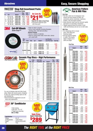 Abrasives                                                                                                                Easy, Secure Shopping
                            Shop Roll Assortment Packs                                                                                           American Pattern
                            Aluminum Oxide                                                 SAVE
                                                                                            UP TO
                                                                                                                                                 Flat & Mill Files
                                           Reg. Sale
                                                                   As Low As
     W      Grit            Model #        Price Price
                                                                                           34%                                 Flat Files

                                                             $
                                                                   2195
     1"     80, 120, 180    PX337-1068     $33.74 $21.95                                                                       • Flat ﬁles, which are of rectangular cross
     1      120, 180, 240   PX337-1069      33.74 21.95                                                                          section and have double-cut teeth, are
     11⁄2   80, 120, 180    PX337-1070      50.61 32.95                                                                          commonly used by machinists, machinery
     11⁄2   120, 180, 240   PX337-1071      50.61 32.95        Three 25 Yd. Rolls in Each Pack                                   builders, ship and engine builders
     2      80, 120, 180    PX337-1072      67.48 45.95        • Convenient dispenser pack                                     • Used wherever metal must be removed rapidly
     2      120, 180, 240   PX337-1073      67.48 45.95          with three grits                                                and ﬁnish is of secondary importance
                                                                                                                               • Slightly tapered toward the points in both
                                                                                                                                 width and thickness and are cut on both sides
                                              • High cut rates • Long life
                     Cut-Off Wheels           • Use on most materials including ﬁberglass,                                     Mill Files
                    Green Corps™                stainless steel, mild steel and alloys                                         • For sharpening mill or circular
                                              General Purpose                                                                    saws, draw-ﬁling and
                                              • Use on a variety of materials                                                    ﬁnishing metals
                                              • Ideal for cutting sheet metal, frame nails, clamps
                                                and rusted bolts
                                                                                                                               • All sizes tapered slightly
                                                                                                                                 in width • Two square             SAVE
                                                                                                                                                                    UP TO
                                  Max.                                             Low Price Ea.                                 edges • Single cut on
                                  Dia. Thick. Hole rpm              Model #        Less Than Case Case Qty.                      sides and edges                   50%
                                 Green Corps
                                  3"    1⁄ 32"     1⁄4"    35,000 PX505-6032        $5.58          $5.30                                   Flat Files
                                  3     1⁄ 32      3⁄ 8    35,000 PX505-6033         5.58           5.30
                                        1⁄ 16      3⁄ 8                                                                                                            Mfr’s     Sale
                                  3                        28,000 PX505-6031         5.58           5.30
                                        1⁄ 32      3⁄ 8                                                                                    L     Model #           List      Price
                                  4                        26,250 PX505-6034         6.49           6.17
                                 General Purpose                                                                                           Bastard
                50 Per Case       3     1⁄ 32      3⁄ 8    25,000 PX990-1148         1.61           1.53                                   4"    PX619-0264        $9.32    $4.79
                                  3     1⁄ 16      3⁄ 8    25,000 PX990-1149         1.61           1.53                                   6     PX382-1202         9.77     4.98
                                                                                                                                           8     PX382-1204        12.17     6.19
                                                                                                                                           10    PX382-1206        15.03     7.69
                                    Ceramic Flap Discs - High Performance                                                                  12    PX382-1208        20.59    10.49
                                    Compact                                                                                                14    PX619-0266        28.40    14.49
                                                                   Hole    Arbor Hole                        Reg.     Sale                 16    PX619-0269        37.41    19.09
                                                           Dia.    Dia.    Thread Size   Grit   Model #      Price    Price                Second Cut
                                      SAVE
                                       UP TO
                                                           41⁄2"
                                                           41⁄2
                                                                   7⁄ 8"
                                                                   7⁄ 8
                                                                           —
                                                                           —
                                                                                         36
                                                                                         40
                                                                                                PX404-2789
                                                                                                PX404-2790
                                                                                                              $7.40
                                                                                                               7.40
                                                                                                                      $5.95
                                                                                                                       5.95
                                                                                                                                           6
                                                                                                                                           8
                                                                                                                                                 PX382-1210
                                                                                                                                                 PX382-1212
                                                                                                                                                                   10.37
                                                                                                                                                                   13.39
                                                                                                                                                                             5.29
                                                                                                                                                                             6.79
                                                           41⁄2    7⁄ 8    —             60     PX404-2791     7.40    5.95                10    PX382-1214        17.28     8.89
                                      23%                  41⁄2
                                                           41⁄2
                                                                   7⁄ 8
                                                                   —
                                                                           —
                                                                           5⁄ 8 "-11
                                                                                         80
                                                                                         36
                                                                                                PX404-2792
                                                                                                PX404-2793
                                                                                                               7.40
                                                                                                               9.10
                                                                                                                       5.95
                                                                                                                       6.95
                                                                                                                                           12
                                                                                                                                           14
                                                                                                                                                 PX382-1216
                                                                                                                                                 PX619-0267
                                                                                                                                                                   23.29
                                                                                                                                                                   32.60
                                                                                                                                                                            11.89
                                                                                                                                                                            16.59
                                                           41⁄2    —       5⁄ 8-11       40     PX404-2794     9.10    6.95                Smooth
                                                           41⁄2    —       5⁄ 8-11       60     PX404-2795     9.10    6.95                4     PX619-0265        11.57     5.89
                                                           41⁄2    —       5⁄ 8-11       80     PX404-2796     9.10    6.95                6     PX382-1218        12.34     6.39
                                                           5       7⁄ 8    —             36     PX404-2805     8.52    6.95                8     PX382-1220        14.29     7.29
                                                           5       7⁄ 8    —             40     PX404-2806     8.52    6.95                10    PX382-1222        20.23     9.69
                                                           5       7⁄ 8    —             60     PX404-2807     8.52    6.95                12    PX382-1224        25.83    13.19
                                                           5       7⁄8     —             80     PX404-2808     8.52    6.95                14    PX619-0268        35.76    18.19
                                                           5       —       5⁄ 8-11       36     PX404-2809    11.10    8.95
                                                           5       —       5⁄ 8-11       40     PX404-2810    11.10    8.95
                                                           5       —       5⁄ 8-11       60     PX404-2811    11.10    8.95
                                                           5       —       5⁄ 8-11       80     PX404-2812    11.10    8.95
                                                                   7⁄ 8                                                                    Mill Files
                                                           7               —             36     PX404-2821    13.94   11.95
                                                           7       7⁄ 8    —             40     PX404-2822    13.94   11.95                                        Mfr’s    Sale
     For use on stainless steel and other tough            7       7⁄ 8    —             60     PX404-2823    13.94   11.95                L     Model #           List     Price
     alloys. Made with ceramic grains. Designed            7       7⁄ 8    —             80     PX404-2824    13.94   11.95                Bastard
     to stay cool, while providing rapid cut rate          7       —       5⁄ 8-11       36     PX404-2825    15.75   12.95                4"    PX382-1236        $6.62    $3.39
     and extended life.                                    7       —       5⁄ 8-11       40     PX404-2826    15.75   12.95                6     PX382-1238         6.62     3.49
     • Recommended for aggressive use and                  7       —       5⁄ 8-11       60     PX404-2827    15.75   12.95                8     PX382-1240         7.97     3.97
       heavy-duty applications                             7       —       5⁄ 8-11       80     PX404-2828    15.75   12.95                10    PX382-1242        10.23     5.09
                                                                                                                                           12    PX382-1244        16.68     8.49
                                                                                                                                           14    PX619-0255        22.54    11.49
                   36" Sandblaster                                                                                                         16    PX619-0257        32.18    15.99
                                                                       SAVE
                                                                        OVER
                                                                                                                                           Second Cut
                                                                                                                                           6     PX382-1246         9.63      4.79
                    • Side loading
                    • Side door: 18 x 12"
                    • Trigger gun assembly
                                                                       25%                                                                 8
                                                                                                                                           10
                                                                                                                                           12
                                                                                                                                                 PX382-1248
                                                                                                                                                 PX382-1250
                                                                                                                                                 PX382-1252
                                                                                                                                                                   10.82
                                                                                                                                                                   13.83
                                                                                                                                                                   18.18
                                                                                                                                                                              5.49
                                                                                                                                                                              6.99
                                                                                                                                                                              9.29
                    Mfr’s # PK36                                                                                                           Smooth
                                                                   Sale Price                                                              4     PX382-1254        10.09     5.09
       Speciﬁcations                                        Model # PX803-0036                                                             6     PX382-1256        10.23     5.09

                                                            $                                                                              8     PX382-1258        12.03     5.99

                                                                   289
       Window:               23 x 13"
       Air Requirements:     14 cfm @ 90 psi                                                                                               10    PX382-1260        14.73     7.49
       Overall:              361⁄2W x 241⁄2D x 58"H                                                                                        12    PX382-1262        19.98    10.29
       Wt.:                  75 lbs.                       Regular Price: $410.22                                                          14    PX619-0256        27.63    14.29



28                                            The RIGHT TOOL at the RIGHT PRICE
28-29 EH 13-04 Abras.indd 28                                                                                                                                               3/21/13 11:05 AM
 