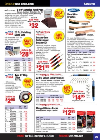 Online at use-enco.com                                                                                                                                         Abrasives

                             6 x 9" Abrasive Hand Pads
                             Maroon, Aluminum Oxide, Very Fine Grit
     For general-purpose cleaning, blending, ﬁnishing & deburring                                    ONLY                     Hand Wire
                                                                                                                                                                     SAVE
     Manufactured from tough, synthetic ﬁbers bonded
     together with specially formulated resins
                                                                                                     53¢each                  Brushes
                                                                                                                                                                     25%
                                                                                                                                                                       Qty.: 6+
                                                    Box of 60
     and impregnated throughout
     with mineral grain, creating a consistent, Sale Price
     open, three-dimensional structure.        Model # PX404-1526
     Will not rust. Can be used dry for
                                                         $                                                                                                  Curved Handle
     scufﬁng and ﬁnishing, or wet
     with water and chemical solvents.                          32                                                                                          Scratch Brush




                                                                                                                               Small Cleaning
                         20 Pc. Polishing                                                                                      Scratch Brush

                         Stone Sets                                                                   SAVE                                                             Shoe Handle
                                                                                                                                                                       Scratch Brush
     Each set includes: 150 to 400
     grits. Hard and semi-hard,
                                                                 Scrape-Burr                           47%                    The blocks of all Osborn scratch
     oil-ﬁlled aluminum oxide, and            SAVE               Professional                                                 brushes are kiln-dried hardwood for maximum
                                                                                                                              tuft retention even in severe applications. The
     medium soft and hard                                        Scraper Kit
     silicon carbide.                         20%                • Heavy-Duty Scraper has triangular
                                                                                                                              smooth machined ﬁnish provides excellent
                                                                                                                              comfort and a hang-up hole is provided for the
                                                                                                                              most widely used styles. Densely ﬁlled for longer
                                                                   blade with three cutting edges for
                                                                                                                              wear and more efﬁcient material removal.
                                                                   high-quality ﬁnishing and scraping
                                        As Low As                • All-Purpose Scraper is a standard scraper                   Brush No. of Brush                   Price Each

                                     $
                                         2895
                                                                 Includes: All-Purpose,                                        Material Rows L     OAL Model #      1-5 6+
                                                                 Fine Finish and                                              Emro® Economy Shoe Handle Scratch Brush
                                                                 Heavy-Duty plus                                               Stainless
                                                                 Bonus Glo-Burr                                                Steel 4 x 16 51⁄4" 10"    PX619-0747 $4.08 $3.06
                                            Reg.       Sale      handle with B10 blade.                                       Curved Handle Scratch Brush
     W x Th. x L        Model #             Price      Price                                                                   Carbon
     1⁄4 x 1⁄ 16 x 4"   PX399-6630          $37.98     $29.95        Sale Price                                                Steel 4 x 19 6 1311⁄16 PX619-0725 3.24 2.43
     1⁄4 x 1⁄ 8 x 6     PX399-6632           39.98      31.95     Model # PX328-1531                                           Stainless
     1⁄4 x 1⁄4 x 6                                                                                                             Steel 3 x 19 6 1311⁄16 PX619-0726 4.65 3.49
                                                                 $
                                                                     2195
                        PX399-6634           44.98      35.95
     1⁄ 2 x 1⁄ 16 x 4   PX399-6636           36.98      28.95                                                                 Small Cleaning Scratch Brush
     1⁄ 2 x 1⁄ 8 x 6    PX399-6638           46.98      36.95                                                                  Stainless
     1⁄ 2 x 1⁄4 x 6     PX399-6640           58.98      46.95                                                                  Steel 3 x 7 17⁄16 73⁄4 PX619-0731 3.56 2.67
                                                                  Regular Price: $41.91


                         Type 27 Flap
                         Discs                                   22 Pc. Cobalt Deburring Set
                         4 1⁄ 2" Dia.
     • 100% zirconia                           SAVE
                                                UP TO
                                                                 With 2 Glo-Burr Handles & 20 Cobalt Blades
                                                                 Remove burs and spiral chips from holes, slots,
     • Recommended for
       aggressive use                          57%               and straight edges on tough jobs involving steel,
                                                                 stainless steel, aluminum and plastic.
     • One-step grinding, blending
       and ﬁnishing of metal
                                                                 Includes:
                                                                 • Blue Glo-Burr B & E handles
                                                                                                                       SAVE
     • Layered for cooler grinding
       and longer life
                                                                 • 10 each B10S and E100S cobalt blades                39% On Set
                                                                                                                                                Sale Price
                                                                 Cobalt Blades                                                           Model # PX307-3331

                                                                                                                                         $
                                                                                                                                                1495
                                                                                              Sale Price Each
      As Low As                                                  Style Model #          1-49 50-99 100-499 500+

      $ 95
           2
                                                                 B10S PX422-0003        $1.97 $1.49 $1.29 $1.09
                                                                 E100S PX422-0002         2.53 1.89        1.69 1.39                     Regular Price: $24.66



                                 Reg.          Sale
     Grit       Model #
     7⁄ 8" Hole Dia.
                                 Price         Price             Mango II Bonus Packs                                  As Low As
                                                                 Includes Bonus Mango II Handle
                                                                                                                       $
     24
     36
     40
     60
                PX327-9344
                PX327-9347
                PX317-1246
                PX327-9362
                                 $6.60
                                  6.60
                                  6.60
                                  6.60
                                               $2.95
                                                2.95
                                                2.95
                                                2.95
                                                                 Blade No. of
                                                                                                                           1295Reg. Sale
     80         PX327-9348        6.60          2.95
                                                                 Type Pcs. Set Contents                         Model #        Price Price
     120        PX327-9349        6.60          2.95
     5⁄ 8"-11 Hole Dia.                                          Model B
     24         PX327-9351           9.23       3.95             B10S 11 (10) B10S Cobalt Blades                PX337-1050* $24.53 $12.95
     36         PX327-9352           9.23       3.95             B10S 12 Holder B, (10) B10S Cobalt Blades      PX337-1051† 30.69 14.95
     40         PX327-9353           9.23       3.95             Model E
     60         PX327-9354           9.23       3.95             E100S 11 (10) E100S Cobalt Blades              PX337-1054*      25.57 14.95
                                                                                                                                                   Bonus Packs        Bonus Packs
     80         PX327-9355           9.23       3.95             E100S 12 Holder E, (10) E100S Blades           PX337-1055†      35.20 15.95       for Long-Reach     for Extra-Close
     120        PX327-9350           9.23       3.95             *Extra close †Long reach                                                          Applications       Applications



                             PHONE: 800-USE-ENCO (800-873-3626)                                              INTERNET: use-enco.com                                                     29

28-29 EH 13-04 Abras.indd 29                                                                                                                                                 3/21/13 11:06 AM
 