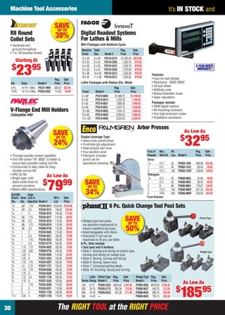 Machine Tool Accessories                                                                                                                 It’s IN STOCK and

                                               SAVE
                                                UP TO
    R8 Round                                                       Digital Readout Systems
    Collet Sets
                                                38%                For Lathes & Mills
    • Hardened and                                                 Mill Packages with Bolthole Cycle
      ground throughout                                            Machine    Table                  Reg.      Sale
    • 7⁄ 16"-20 drawbar thread                                     Travel     Size      Model #      Price     Price
                                                                   12 x 24"   8 x 30"   PX319-3319   $1,224.55 $979.00
         Starting At                                               12 x 30    9 x 42    PX319-3309    1,220.75 979.00

     $                    95                                                                                                                                      5-YEAR MFR'S

         23
                                                                   12 x 36    9 x 49    PX319-3310    1,220.75 979.00
                                                                   14 x 32    9 x 42    PX319-3320    1,272.05 979.00                                              WARRANTY
                                                                   16 x 36    10 x 54   PX319-3313    1,323.35 979.00        Features:
                                                                   18 x 40    11 x 58   PX319-3312    1,323.35 979.00        • Easy-to-read display
                                               Reg. Sale
     Set      Sizes               Model #      Price Price         Lathe Packages with Radius Dia. Mode                      • Resolution: .0002/.0005"
     6 Pc.    1⁄ 8-3⁄4" x 8ths    PX231-4606   $28.37 $23.95                                                                 • 20-tool offset
                                                                                               Reg.         Sale
     13 Pc.   1⁄ 8-7⁄ 8 x 16ths   PX505-5022   114.22 69.95                                                                  • Bolthole cycle
                                                                   Travel      Model #         Price        Price
                                                                                                                             • Radius/Diameter mode
                                                                   6 x 36"     PX319-9604      $1,486.75    $1,189.00        • Taper calculation
                                                                   8 x 40      PX319-9614       1,532.35     1,189.00
                                                                   8 x 60      PX319-9621       1,890.50     1,469.00        Packages include:
                                                                   8 x 80      PX319-9631       2,247.70     1,649.00        • 20iM digital readout
    V-Flange End Mill Holders                                      10 x 60     PX319-9622       1,916.15     1,469.00        • All mounting hardware
    Caterpillar #40                                                10 x 80     PX319-9632       2,294.25     1,689.00        • Two high-precision scales
                                                                   12 x 120    PX319-9638       3,225.25     2,289.00        • Installation assistance


                                                                                                                  Arbor Presses
                                               SAVE                                                                                                     As Low As
                                                                                                                                                     $
                                                                                                                                                         3295
                                                UP TO              Single-Leverage Type

                                               24%                 • Heavy-duty construction
                                                                   • Front/side gib adjustment
                                                                   • Steel pinions and rams
                                                                   • Four-position anvil                                 Tons of Max.         Wt.                 Reg.      Sale
    • Through-spindle coolant capability                           • Palmgren includes                                   Pressure Work Ht.    Lbs. Model #        Price     Price
    • End mill socket TIR .0002" or better to                        punch set for                                        Enco
      insure best possible cutting tool life                         specialized pressing                                 1⁄ 2     41⁄2"      25 PX805-1005       $49.99 $32.95
    • Constructed of alloy steel for long,                                                                                1        51⁄4       40 PX805-1010        60.40 49.95
      durable service life                                                                                                3        121⁄2      160 PX805-1030*     156.86 129.95
    • HRC 52-56                                                                                                           Palmgren
    • Bright taper with
                                   As Low                As                                                               1⁄ 2     41⁄2       25    PX890-8802     61.85 49.95
                                     $                   99           SAVE
      black-oxide ﬁnish to
      prevent corrosion
    • Meets ANSI speciﬁcations
     End Mill         Gage
                                         79                            UP TO
                                                                      34%
                                                                                                                          1
                                                                                                                          2
                                                                                                                          3
                                                                                                                          4
                                                                                                                                   51⁄2
                                                                                                                                   8
                                                                                                                                   121⁄2
                                                                                                                                   153⁄4
                                                                                                                                              32
                                                                                                                                              68
                                                                                                                                              160
                                                                                                                                              225
                                                                                                                                                    PX890-8803
                                                                                                                                                    PX890-8804
                                                                                                                                                    PX890-8805*
                                                                                                                                                    PX890-8806*
                                                                                                                                                                   85.03 69.95
                                                                                                                                                                  170.07 139.95
                                                                                                                                                                  251.23 203.95
                                                                                                                                                                  543.04 454.95
     Shank Nose       Line to                  Mfr’s     Sale                                                            *Truck Shipment
     Dia. Dia.        Nose End    Model #      List      Price
     1⁄ 8"
     1⁄ 8
              .69"
              .69
                       1.75"
                       2.5
                                  PX240-3014
                                  PX240-3015
                                               $132.00
                                                132.00
                                                         $104.99
                                                          104.99
                                                                                            6 Pc. Quick Change Tool Post Sets
     1⁄ 8     1        3          PX240-3016    144.00    114.99
     3⁄ 16
     3⁄ 16
     1⁄4
              .69
              .69
                       1.75
                       2.5
                                  PX240-3017
                                  PX240-3018
                                                112.00
                                                112.00
                                                           89.99
                                                           89.99   • Wedge-type tool posts                 SAVE
                                                                                                          UP TO
                                                                                                                                                                     Piston Type

              .88      1.75       PX240-3019    112.00     89.99     are precision engineered to
     1⁄4
     1⁄4
              .88
              1
                       2.5
                       3
                                  PX890-9748
                                  PX240-3020
                                                112.00
                                                113.00
                                                           89.99
                                                           89.99
                                                                     ensure repetitive accuracy
                                                                   • Interchangeable with Aloris
                                                                                                           50%
     5⁄ 16    1        2.5        PX240-3021    102.00     79.99   • Oversized T-nut can be
     3⁄ 8     1        1.75       PX240-3022    102.00     79.99     machined to ﬁt any size lathe
     3⁄ 8     1        2.5        PX307-0770    102.00     79.99   6 Pc. Sets include
     1⁄ 2     1.75     1.75       PX240-3025    102.00     79.99   1 tool post and 5 holders:
     1⁄ 2     1.25     2.62       PX890-9749    102.00     79.99   • Style 1: Boring and facing on piston type,                                                      Wedge Type
     1⁄ 2     1.25     4          PX240-3026    112.00     84.99     turning and facing on wedge type
     1⁄ 2     1.25     6          PX307-3353    132.00    104.99   • Style 2: Boring, turning and facing
     5⁄ 8     1.75     1.75       PX240-3027    102.00     79.99   • Style 4: Boring, heavy-duty
     5⁄ 8     1.5      2.75       PX307-1737    102.00     79.99   • Style 7: Universal parting blade
     3⁄4      1.75     1.75       PX240-3028    102.00     79.99   • Style 10: Knurling, facing and turning
     3⁄4      1.75     3          PX240-3029    102.00     79.99
     3⁄4      1.75     3.5        PX307-1738    102.00     79.99          Lathe   Piston Type Reg.   Sale        Wedge Type Reg.    Sale
     3⁄4      1.75     6          PX307-3354    125.00     99.99   Series Swing   Model #     Price Price        Model #    Price Price
     1        2        1.75       PX240-3030    113.00     89.99   100 9-12"      PX505-2253 $304.93 $187.95     PX890-9636 $378.09 $185.95
                                                                                                                                                        As Low As
                                                                                                                                                    $
                                                                                                                                                        18595
     1        2        3          PX240-3031    113.00     89.99   200 10-15      PX505-2172 350.36 215.95       PX890-9637 445.70 215.95
     1        2        4          PX307-1739    105.00     89.99   300 13-18      PX505-6543 441.28 271.95       PX890-9638 585.72 295.95
     11⁄4     2.50     4          PX307-1740    119.00     94.99   400 14-20      —                              PX890-9639 750.12 425.95


30                                                The RIGHT TOOL at the RIGHT PRICE
30-31 EH 13-04 MTA.indd 30                                                                                                                                                3/21/13 11:07 AM
 