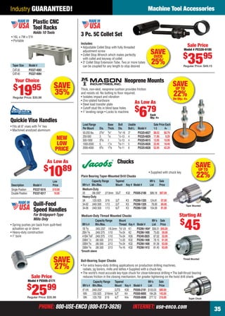 Industry GUARANTEED!                                                                                               Machine Tool Accessories

                           Plastic CNC
                           Tool Racks
                           Holds 10 Tools
     • 16L x 7W x 5"H
                                                        3 Pc. 5C Collet Set
     • Portable
                                                        Includes:
                                                        • Adjustable Collet Stop with fully threaded                                                     Sale Price
                                                                                                                                                       Model # PX328-0185
                                                          adjustment screw
                                                                                                                            SAVE
                                                                                                                                                      $
                                                                                                                                                             3595
                                                        • Collet Stop Wrench which mates perfectly
                                                          with collet and keyway of collet
                                                                                                                             OVER

      Taper Size        Model #
                                                        • 3" Collet Stop Extension Tube. Two or more tubes
                                                          can be coupled for any length to stop desired
                                                                                                                            25%                       Regular Price: $49.15
      CAT-30            PX327-4083
      CAT-40            PX327-4084

        Your Choice                                                                              Neoprene Mounts
                                          SAVE                                                                                                 SAVE
      $                   95
           19
      Regular Price: $30.98
                                          35%
                                                        Thick, non-skid, neoprene cushion provides friction
                                                        and resists oil. No bolting to ﬂoor required.
                                                        • Isolates impact and vibration
                                                        • Zinc-plated hardware
                                                                                                                                                UP TO
                                                                                                                                               22%
                                                                                                                                               On Qty.: 4+
                                                        • Steel load transfer plate
                                                                                                    As Low                  As
                                                                                                          $ 79
                                                                                                               6
                                                        • Cutoff stud ﬁts in blind base holes
                                                        • 1" leveling range • Locks to machine
                                                                                                                        Each
                                                                                                                        Qty.: 4+
    Quickie Vise Handles
                                                         Load Range              Base     Bolt       Usable                  Sale Price Each
    • Fits all 6" vises with 3⁄4" hex
                                                         Per Mount       Dia.    Thick.   Dia.       Bolt L   Model #        1-3       4+
    • Machined anodized aluminum      m
                                                         50-250 lbs.     23⁄8"   3⁄4"     3⁄ 8"-16   3"       PX325-6627     $8.53 $6.79
                                                         250-500         3       7⁄ 8     1⁄ 2-13    4        PX325-6629     11.95      9.29
                                            NEW          500-1000        33⁄8    1        1⁄ 2-13    4        PX325-6615     13.95 10.99
                                             LOW         1000-2000       5       11⁄4     5⁄ 8-11    5        PX325-6626     22.95 18.49
                                                         2000-4000       63⁄4    13⁄8     5⁄ 8-11    6        PX325-6628     52.95 42.29
                                            PRICE

                                        As Low As                                         Chucks
                                     $             89                                                                                                           SAVE
                                         10
                                          Low
                                                        Plain Bearing Taper-Mounted Drill Chucks
                                                                 Capacity Range   Tapered
                                                                                                                       • Supplied with chuck key

                                                                                                                        Mfr’s      Sale
                                                                                                                                                                 UP TO
                                                                                                                                                                 22%
     Description           Model #        Price          Mfr’s # Min./Max.        Mount Key # Model #                   List       Price
     Single Position       PX337-9316     $10.89         Medium-Duty
     Double Position       PX337-9317      19.95         33      .08/.500" 2/13mm 33JT    K32 PX505-2189                $86.18 $67.00
                                                         Heavy-Duty
                                                         3A      .125/.625 3/16   3JT     K3 PX290-1320                 124.81      97.00
                           Quill-Feed                    34-02 .040/.500 1/13     2JT     K3 PX290-1329                  78.00      60.00               Taper Mounted
                                                         34-06 .040/.500 1/13     6JT     K3 PX290-1330                 104.09      81.00
                           Speed Handles
                           For Bridgeport-Type          Medium-Duty Thread Mounted Chucks                                                          Starting At
                           Mills Only
                                                                                                                                                    $
                                                                                                                                                       45
                                                                   Capacity Range     Mount                                 Mfr’s Sale
    • Spring pushes pin back from quill-feed            Mfr’s #    Min./Max.          Thread Key #            Model #       List Price
      actuation up or down                              1B 3⁄8     .040/.250" 1/6.5mm 3⁄8"-24 K1              PX290-1404*   $56.51 $45.00
    • Heavy-duty construction                           2BA 3⁄ 8   .040/.375 1/10     3⁄ 8-24 K2              PX290-1400     75.83 59.00
    • 1" bore                                           41BA 3⁄ 8F .040/.375 1/10     3⁄ 8-24 K30             PX240-2825     67.02 52.00
                                                        33BA 1⁄ 2 .08/.500 2/13       1⁄ 2-20 K32             PX290-1408     78.15 61.00
                                                        33BA 3⁄ 8 .08/.500 2/13       3⁄ 8-24 K32             PX290-1406     81.56 63.00
                                                        33BA 5⁄8 .08/.500 2/13        5⁄ 8-16 K32             PX290-1412     81.45 63.00
                                                        *Smooth sleeve


                                          SAVE          Ball-Bearing Super Chucks
                                                                                                                                                      Thread Mounted


                                          27%           • For extra heavy-duty drilling applications on production drilling machines,
                                                          radials, jig borers, mills and lathes • Supplied with a chuck key
                                                        • The world’s most accurate key-type chuck for close-tolerance drilling • The ball-thrust bearing
                         Sale Price                       reduces friction in the closing mechanism, for greater tightening on the twist drill shank
                       Model # PX505-2171                          Capacity Range Tapered                        Mfr’s   Sale

                   $
                          2599
                                                          Mfr’s # Min./Max.           Mount Key # Model #        List    Price
                                                          81⁄2N .040/.250"            2JTS K30 PX505-2191 $103.03 $80.00
                                                          16N .125/.625 3/16mm 3JT            K4     PX505-8005 184.26 143.00
                       Regular Price: $35.98              18N .125/.750 3/19          4JT     K4v PX505-8006 277.12 216.00                       Super Chuck


                               PHONE: 800-USE-ENCO (800-873-3626)                                       INTERNET: use-enco.com                                                  35

34-35 EH 13-04 MTA.indd 35                                                                                                                                              3/21/13 11:15 AM
 