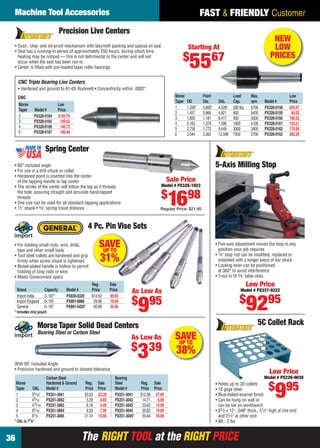 Machine Tool Accessories                                                                                      FAST & FRIENDLY Customer
                                    Precision Live Centers
                                                                                                                                                              NEW
    • Dust-, chip- and oil-proof mechanism with labyrinth packing and special oil seal
    • Seal has a running-in period of approximately 250 hours, during which time
                                                                                                         Starting At                                          LOW
                                                                                                     $                                                       PRICES
      heating may be noticed — this is not detrimental to the center and will not
      occur when the seal has been run-in
    • Center is ﬁtted with pre-loaded taper roller bearings                                               5567
      CNC Triple Bearing Live Centers
      • Hardened and ground to 61-65 Rockwell • Concentricity within .0002"
      CNC                                                                                        Morse            Point               Load        Max.                   Low
                                                                                                 Taper   OD       Dia.      OAL       Cap.        rpm    Model #         Price
      Morse                     Low
      Taper      Model #        Price                                                            1       1.339"   0.669"    4.528"    200 lbs.    6700   PX328-0158      $55.67
                                                                                                 2       1.457    0.866     4.921     600         6400   PX328-0159       80.02
      2          PX328-0164     $100.70                                                          3       1.850    1.181     6.417     900         5000   PX328-0160      100.52
      3          PX328-0165      109.63                                                          4       2.165    1.378     7.598     1800        4100   PX328-0161      124.21
      4          PX328-0166      146.72                                                          5       2.756    1.772     9.449     3000        3400   PX328-0162      176.95
      5          PX328-0167      186.48                                                          6       3.544    2.362     12.598    7500        2700   PX328-0163      282.26


                         Spring Center
    • 60° included angle                                                                                                   5-Axis Milling Stop
    • For use in a drill chuck or collet
    • Hardened point is inserted into the center
      of the tapping handle or tap center                                                     Sale Price
    • The stroke of the center will follow the tap as it threads                         Model # PX328-1923

                                                                                         $
                                                                                              1698
      the hole, assuring straight and accurate hand-tapped
      threads
    • One size can be used for all standard tapping applications
    • 1⁄ 2" shank • 3⁄ 8" spring travel distance                                         Regular Price: $21.95



                                                    4 Pc. Pin Vise Sets

    • For holding small rods, wire, drills,
      taps and other small tools
                                                         SAVE
                                                          UP TO
                                                                                                                           • Five-axis adjustment moves the stop to any
                                                                                                                             position your job requires
                                                                                                                           • 1⁄4" stop rod can be modiﬁed, replaced or
    • Tool steel collets are hardened and grip
      ﬁrmly when screw chuck is tightened                 31%                                                                extended with a longer piece of bar stock
                                                                                                                           • Locking lever can be positioned
    • Nickel-plated handle is hollow to permit
      holding of long rods or wire                                                                                           at 360° to avoid interference
    • Meets Government specs                                                                                               • T-nut to ﬁt 5⁄ 8" table slots
                                                     Reg.     Sale                                                                               Low Price
     Brand               Capacity     Model #        Price    Price       As Low As                                                        Model # PX337-9322
     Import India        0-.187"      PX830-0320     $14.52   $9.95
                                                                                                                                          $
     Import England
     General
                         0-.150
                         0-.187
    * Includes vinyl pouch
                                      PX891-6886
                                      PX891-5435*
                                                      28.98
                                                      60.98
                                                              19.95
                                                              45.95
                                                                          $ 95
                                                                               9                                                                 9295
                     Morse Taper Solid Dead Centers                                                                                                  5C Collet Rack
                     Bearing Steel or Carbon Steel
                                                                          As Low As              SAVE
                                                                                                  UP TO
                                                                          $ 39
    With 60˚ Included Angle
                                                                               3                 38%
    • Precision hardened and ground to closest tolerance
                                                                                                                                                            Low Price
                          Carbon Steel                           Bearing                                                                                 Model # PX239-9030
     Morse                Hardened & Ground     Reg. Sale        Steel         Reg. Sale                                   • Holds up to 30 collets
                                                                                                                                                            $ 95
     Taper
     1
     2
     3
                OAL
                35⁄16"
                43⁄16
                415⁄16
                          Model #
                          PX251-3061
                          PX251-3062
                          PX251-3063
                                                Price Price
                                                $3.63 $3.39
                                                 5.29
                                                 6.18
                                                       4.69
                                                       5.49
                                                                 Model #
                                                                 PX251-3041
                                                                 PX251-3042
                                                                 PX251-3043
                                                                               Price Price
                                                                               $12.98 $7.99
                                                                                14.71  9.99
                                                                                20.60 13.99
                                                                                                                           • 18 gage steel
                                                                                                                           • Blue-baked-enamel ﬁnish
                                                                                                                           • Can be hung on wall or
                                                                                                                             can be set on workbench
                                                                                                                                                                9
     4          65⁄16     PX251-3064             8.93  7.99      PX251-3044     30.62 19.99                                • 91⁄ 2 x 12", .048" thick., 51⁄ 2" high at one end
     5          81⁄2      PX251-3065            21.74 15.99      PX251-3045*    55.64 39.99                                  and 21⁄ 2" at other end
    * OAL is 77⁄8"                                                                                                         • Wt.: 3 lbs


36                                            The RIGHT TOOL at the RIGHT PRICE
36-37 EH 13-04 MTA_V&C.indd 36                                                                                                                                          3/21/13 11:16 AM
 