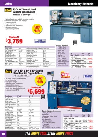 Lathes                                                                                                                              Machinery Manuals
                       13" x 40" Geared Head
                       Gap Bed Bench Lathes
                       18 Speeds, 60 to 1500 rpm

    • Hardened and ground bed with reinforced cross ribs
    • Headstock with tapered roller bearings
    • Thread chasing dial
    • Easy speed changes
    • Splash lubrication in headstock
    • Removable gap block
    • 3-year warranty on DRO
                                                                       SAVE
                                                                        UP TO
                                                                       $
                                                                        689
              Starting At
      $
          3,759                                                               1-YEAR
                                                                        LIMITED WARRANTY

                                                                                                                    Standard Equipment
     Speciﬁcations                                                                                                   • 6" 3-Jaw Chuck
     Swing Over Bed:                  13"             Cross-Slide Feed Range (Inch./Rev.):   .0004-.0105"            • 7" 4-Jaw Chuck
     Table Work Surface Area:         13 x 40"        Compound Travel:                       211⁄ 16"                • Steady Rest
     Swing Over Gap:                  183⁄4"          Tailstock Spindle Travel:              33⁄4"                   • Follow Rest
     Length of Gap:                   9"              Tailstock Taper:                       3 MT                    • 10" Faceplate         Wt.                 Reg.       Sale
     Swing Over Cross Slide:          8"              Spindle Nose Mounting:                 D1-4                    • Chip Pan              Lbs.   Model #      Price      Price
     Swing Over Compound:             3"              Spindle Bore Dia.:                     11⁄2"                   • 3 MT Dead Center      Lathe ONLY
     Distance Between Centers:        391⁄3"          Spindle Taper:                         5 MT                    • 11⁄ 16" Capacity      1,100 PX510-2585 $4,176.98 $3,759.00
     Carriage Travel:                 34"             Spindle Taper with Sleeve:             3 MT                    • 4-Way Tool Post       Lathe with Cabinet Stand
     Long. Feed Range (Inch./Rev.):   .0011-.0311"    18 Spindle Speeds:                     60-1500 rpm             • Metric Change Gears   1,345 PX510-2591 4,496.98 4,059.00
     40 Inch Threads:                 4-112 tpi       Motor & Electrics:                     11⁄2 hp, 220v, 1 ph.    • Threading Dial        Lathe with Cabinet Stand with ACU-RITE®
     29 Metric Threads:               .25-4.5mm       Machine Dimensions (w/o stand):        67L x 26W x 25"H        • Toolbox with Tools    VUE 2-Axis DRO Installed
                                                      Floor Space Required (Max.):           72L x 34"W                                      1,355 PX510-2592 5,876.98 5,189.00

                        13" x 40" & 14" x 40" Geared                                                                        PLUS
                        Head Gap Bed Engine Lathes
                        8 Speeds, 90 to 1800 rpm                                                                            FREE                                    1-YEAR LIMITED
                                                                                                                                                                      WARRANTY
    • Jog button for easy gear engagement
      and spindle inching
                                                                            SAVE
                                                                             UP TO
                                                                            $
    • Quick speed changes
    • Splash lubrication in headstock                                          809
    • Totally enclosed gearbox
    • Hardened and ground bedways
    • Spindle with tapered roller bearings                      Starting At
                                                           $
                                                               5,699
    • 3-year warranty on DRO



     Speciﬁcations               13" x 40"                 14" x 40"
     Swing Over Bed:             13"                       14"
     Swing Over Gap:             19"                       20"
     Length of Gap:              93⁄8"                     93⁄8"
     Swing Over Cross Slide:     7"                        81⁄2"
     Swing Over Compound:        31⁄2"                     31⁄2"
     Carriage Travel:            371⁄2"                    371⁄4"
     Long. Feed Range
     (In./Rev.):                 .0012-.0294"              .0012-.0294"
                                                                                                                                       Shown with DRO
     40 Inch Threads:            4-112 tpi                 4-112 tpi                    Standard Equipment
     22 Metric Threads:          .45-7.5mm                 .45-7.5mm                    • 4-Way Tool Post
     Cross-Slide Travel:         6"                        6"                           • Backplate                                         Wt.                   Reg.        Sale
     Cross-Slide Feed Range:     .0003-.0100"              .0003-.0100"                 • Steady and Follow Rests               Description Lbs.     Model #      Price       Price
     Compound Travel:            31⁄2"                     31⁄2"                        • Chip Pan
     Tailstock Spindle Travel:   43⁄4"                     43⁄4"                                                                Engine Lathe ONLY
                                                                                        • 12" Faceplate                         13" x 40"   1,940    PX319-9733   $5,998.98 $5,699.00
     Tailstock Taper:            3 MT                      3 MT                         • Coolant System
     Spindle Nose Mounting:      D1-4                      D1-4                                                                 14" x 40"   1,940    PX308-0232    6,598.98 5,939.00
                                                                                        • Live and Dead Centers                 Engine Lathe with ACU-RITE® VUE
     Spindle Bore Dia.:          17⁄16"                    17⁄16"                       • Foot Brake
     Spindle Taper:              5 MT                      5 MT                                                                 2-Axis DRO Installed
                                                                                        • Splashguard                           13" x 40"   1,976    PX319-9734    7,498.98    6,749.00
     Motor & Electrics:          3 hp, 220v                3 hp, 220v, 3 ph.            • 6" 3-Jaw and 8" 4-Jaw Chucks
     Machine Dimensions:         713⁄4L x 31W x 455⁄ 8"H   713⁄4L x 31W x 491⁄8"H                                               14" x 40"   1,976    PX308-0235    8,098.98    7,289.00



40                                                   The RIGHT TOOL at the RIGHT PRICE
40-41 EH 13-04 L&M_MD.indd 40                                                                                                                                                 3/21/13 11:21 AM
 