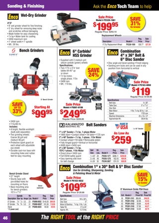 Sanding & Finishing                                                                                      Ask the Enco Tech Team to help
                       Wet-Dry Grinder                                                                           Sale Price
                                                                                                              Model # PX328-1961                      SAVE
    8"/5"
                                                                                                             $                  95                    31%
    • 8" wet grinder wheel for ﬁne ﬁnishing
    • 5" dry wheel for removing deep nicks
      and scratches without damaging
    • Blade holder for easy sharpening
                                                                                                                 199
                                                                                                              Regular Price: $293.19
                                                                                                                                                      On Grinder


    • 1⁄4 hp • Water tank for cooling                                                                               Replacement Wheels
    • 3450 maximum rpm                                                                                                                                           Reg.   Sale
    • 1" wheel width • 1" spindle                                                                                    Description                  Model #        Price Price
    • Wt.: 30 lbs.                                                                                                   5" Dry Replacement Wheel     PX328-1959     $30.77 $27.29

                       Bench Grinders                                               6" Carbide/                                            Combination
                                                                                    HSS Grinder                                            4" x 36" Belt &
                                                                  • Supplied with 2 medium grit                                            6" Disc Sander
                                                                    silicon carbide (green) wheels                        • Disc angle and bevel sanding • Finish edging
                                                                  Speciﬁcations:                                          • Sanding arm locks and can be used in any
                                                                  • Two 113⁄4 x 41⁄ 8" tool                                 position from horizontal to vertical
                                                                    tables tilt 45° up
                                                                    or down
                                                                                                            SAVE
                                                                  • 1⁄ 2 hp motor,
                                                                    single phase, 115v
                                                                                                            24%
                                                                  • 3400 rpm                                                                              Sale Price
                                                                  • Wt.: 110 lbs.                                                                      Model # PX163-4850

                                                                                                                                                        $
                                             8" Bench Grinder
                                                                                                                                                               119
                                                                                                                                                      Regular Price: $139.98
                                                                                                                           Speciﬁcations
                                                                                                                            Belt Size:                                   4 x 36"
           SAVE
            UP TO                 Starting At
                                                                           Sale Price
                                                                       Model # PX891-8106
                                                                                                                            Table Size:                               5" x 71⁄2"
                                                                                                                            Disc Size:                                        6"
           33%                                                    $
                                                                       24995
                                                                                                                                                      110v, 1⁄4 hp, 60 hz, 1 ph.
                                 $
                                     9995
                                                                                                                            Main Motor:
                                                                                                                            Speed:                                    1720 rpm
                                                                                                                            Machine Dimensions:                   20 x 16 x 12"
                                                                      Regular Price: $339.88                                Approximate Wt.:                          38.64 lbs.
       • 3450 rpm
       • 115v/60 Hz
       Includes:
                                                                                                        Belt Sanders
                                                                                                                                                         1 x 42" Sander
       • A bright, ﬂexible worklight
         (bulb sold separately)                                   1" x 42" Sander—1⁄ 3 hp, 1-phase Motor
       • Two grinding wheels:                                     • 1800 sfpm • Contact wheel • Tilt table • 1725 rpm         As Low As
                                                                                                                                $
                                                                                                                                    259
         Coarse 36 grit and                                       2" x 48" Sander—1⁄ 2 hp, 1-phase, 115v Motor
         medium 60 grit                                           • Contact wheel • Tilt table • Removable platen
       • Protective spark guard on                                • Fully hinged guard • Vertical or horizontal
         each wheel with adjustable                               • 4500 sfpm • 3450 rpm
         eye shield                                               4" x 36" Sander—1⁄ 2 hp,
       • Durable cast-iron base with                              TEFC 1-phase, 115v Motor             Belt Wt.              Reg.    Sale
         mounting holes and rubber                                • Direct drive • 3450 rpm            Size Lbs. Model #     Price   Price
         feet for easy mounting                                   • Full OSHA safety guard             1 x 42" 29 PX505-1371 $286.11 $259.00
                                                                  • Easy opening side door             2 x 48 48 PX505-1370 452.43 409.00
                                                                    for belt change                    4 x 36 50 PX240-3857 674.19 609.00

                                                                                     Combination 1" x 30" Belt & 5" Disc Sander
                                                                                     Use for Grinding, Sharpening, Sanding
       Bench Grinder Stand                                                           & Polishing Wood & Metal
       • 27" height
                                                                           Sale Price
                                                                                                                                                               SAVE
       • Sturdy base with
         pre-drilled holes for                                          Model # PX163-4832                                                                      15%
                                                                                                                                                                on Sander
                                                                   $                           95
                                                                        109
         mounting on ﬂoors
                                         Stand
       • Base mounting area            (optional)
         for bench grinders:                                                                                                               5" Aluminum Oxide PSA Discs
         101⁄ 2 x 71⁄ 2"                                              Regular Price: $129.88                                                              Reg.      Sale
                 Spindle      Wt.          Reg.          Sale      Speciﬁcations                                                            Grit Model #  Price/100 Price/100
     Description Size hp Amps Lbs. Model # Price         Price     Belt Size:                 1W x 30"L                                     36 PX391-3161 $68.98 $48.29
     6" Grinder 1⁄2" 1⁄2 3.5 23 PX890-0832 $145.00       $99.95    Disc Size:                          5"                                   40 PX391-3162 62.98      44.43
     8" Grinder 5⁄8 3⁄4 5.0 31 PX890-0833* 181.26        119.95    Motor & Electrics: 1⁄4 hp, 110v, 1 ph.                                   50 PX391-3163 59.98      42.49
     Stand                    20 PX890-0834 83.82         59.95    Table Tilt:                  0° to 45°                                   60 PX391-3165 57.98      40.57
     * 6' power cord                                               Approx. Wt.:                12.75 lbs.                                   80 PX391-3164 54.98      38.70



46                                          The RIGHT TOOL at the RIGHT PRICE
46-47 EH 13-04 S&F.indd 46                                                                                                                                              3/21/13 11:28 AM
 
