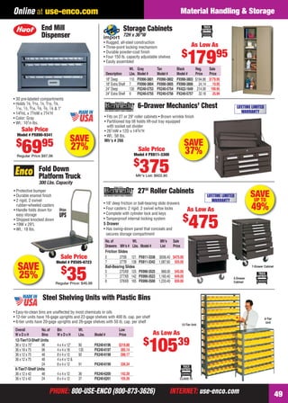 Online at use-enco.com                                                                                                    Material Handling & Storage

                           End Mill                                                   Storage Cabinets
                           Dispenser                                                  72H x 36"W
                                                                    • Rugged, all-steel construction
                                                                    • Three-point locking mechanism                                   As Low As
                                                                                                                               $
                                                                                                                                   17995
                                                                    • Durable powder-coat ﬁnish
                                                                    • Four 150 lb. capacity adjustable shelves
                                                                    • Easily assembled
                                                                                           Wt.    Gray         Tan          Black         Reg.    Sale
                                                                         Description       Lbs.   Model #      Model #      Model #       Price   Price
                                                                         18" Deep          110    PX990-3801   PX990-3802   PX990-3803    $194.86 $179.95
                                                                         18" Extra Shelf   7      PX990-3804   PX990-3805   PX990-3806      24.14   19.95
                                                                         24" Deep          130    PX240-5753   PX240-5754   PX422-1649     214.90 199.95
                                                                         24" Extra Shelf   9      PX240-5755   PX240-5756   PX240-5757      32.18   25.99
    • 30 pre-labeled compartments
    • Holds 1⁄ 8, 3⁄ 16, 1⁄4, 5⁄ 16, 3⁄ 8,
      7⁄ 16, 1⁄ 2, 9⁄ 16, 5⁄ 8, 3⁄4, 7⁄ 8 & 1"                                                     6-Drawer Mechanics’ Chest                                        LIFETIME LIMITED
    • 145⁄ 8L x 73⁄ 8W x 73⁄4"H                                                                                                                                        WARRANTY
    • Color: Gray                                                    • Fits on 27 or 29" roller cabinets • Brown wrinkle ﬁnish
    • Wt.: 101⁄4 lbs.                                                • Partitioned top till holds lift-out tray equipped
                                                                       with socket set divider
          Sale Price                                                 • 261⁄ 8W x 12D x 143⁄4"H
       Model # PX890-9341                                            • Wt.: 58 lbs.
                                                     SAVE
      $                    95                                        Mfr’s # 266
                                                                                                                                SAVE
           69
      Regular Price $97.06
                                                     27%                                           Sale Price
                                                                                              Model # PX811-3300                 37%
                                                                                             $
                         Fold Down
                         Platform Truck
                                                                                                    375
                                                                                                  Mfr's List: $602.80
                         300 Lbs. Capacity
    • Protective bumper                                                                            27" Roller Cabinets                                                     SAVE
    • Durable enamel ﬁnish                                                                                                                       LIFETIME LIMITED
    • 2 rigid, 2 swivel                                                                                                                             WARRANTY                UP TO
                                                                    • 18" deep friction or ball-bearing slide drawers
      rubber-wheeled casters
    • Handle folds down for                                         • Four casters: 2 rigid, 2 swivel w/toe locks
                                                                    • Complete with cylinder lock and keys
                                                                                                                                   As Low As                                49%
      easy storage
                                                                                                                               $
    • Shipped knocked down
    • 19W x 29"L
    • Wt.: 18 lbs.
                                                                    • Tamperproof internal locking system
                                                                    5 Drawer
                                                                    • Has swing-down panel that conceals and
                                                                      secures storage compartment
                                                                                                                                    475
                                                                     No. of            Wt.           Mfr’s Sale
                                                                     Drawers Mfr’s # Lbs. Model #    List    Price
                                                                     Friction Slides
                                           Sale Price                5         275B 121 PX811-3338 $936.40 $475.00
                                       Model # PX505-6723            7         277B 138 PX811-3342 1,087.60 555.00
       SAVE                                $
                                                                     Ball-Bearing Slides                                                                                    7-Drawer Cabinet


       25%                                       35
                                       Regular Price: $46.98
                                                                     5
                                                                     7
                                                                     8
                                                                               275XB 125 PX990-3525 968.00 545.00
                                                                               277XB 142 PX990-3523 1,160.40 649.00
                                                                               378XB 165 PX990-3500 1,233.40 659.00
                                                                                                                                                                5-Drawer
                                                                                                                                                                Cabinet




                            Steel Shelving Units with Plastic Bins
    • Easy-to-clean bins are unaffected by most chemicals or oils
    • 12-tier units have 16-gage uprights and 22-gage shelves with 400 lb. cap. per shelf                                                                                              6-Tier
    • 6-tier units have 20-gage uprights and 26-gage shelves with 50 lb. cap. per shelf                                                                                                 Unit
                                                                                                                               12-Tier Unit
     Overall           No. of           Bin            Wt.                         Low
     WxDxH             Bins             WxDxH          Lbs.    Model #             Price                    As Low As
                                                                                                      $
                                                                                                          10539
     12-Tier/13-Shelf Units
     36 x 12 x 75"     96               4 x 4 x 12"    90      PX240-6196          $318.88
     36 x 18 x 75      96               4 x 4 x 18     135     PX240-6197           385.14
     36 x 12 x 75      48               8 x 4 x 12     92      PX240-6198           288.17
     36 x 12 x 75      48               4 x 4 x 12 &
                       24               8 x 4 x 12     91      PX240-6199           336.34
     6-Tier/7-Shelf Units
     36 x 12 x 42      48               4 x 4 x 12     36      PX240-6200           142.39
     36 x 12 x 42      24               8 x 4 x 12     37      PX240-6201           105.39                                   CLASS 70



                                 PHONE: 800-USE-ENCO (800-873-3626)                                                     INTERNET: use-enco.com                                                  49

48-49 EH 13-04 Books_MHS.indd 49                                                                                                                                                 3/21/13 11:29 AM
 