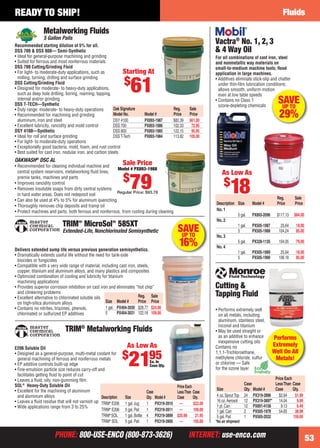 READY TO SHIP!                                                                                                                                          Fluids

                     Metalworking Fluids
                     5 Gallon Pails
     Recommended starting dilution of 5% for all.
                                                                                                                    Vactra® No. 1, 2, 3
     DSS 700 & DSS 800— Semi-Synthetic                                                                              & 4 Way Oil
     • Ideal for general-purpose machining and grinding                                                             For all combinations of cast iron, steel
     • Suited for ferrous and most nonferrous materials                                                             and nonmetallic way materials on
     DSS 700 Cutting/Grinding Fluid                                                                                 small-to-medium machine tools; ﬂood
     • For light- to moderate-duty applications, such as            Starting At                                     application in large machines.
       milling, turning, drilling and surface grinding
                                                                     $                                              • Additives eliminate stick-slip and chatter
     DSS Cutting/Grinding Fluid
     • Designed for moderate- to heavy-duty applications,
       such as deep hole drilling, boring, reaming, tapping,
                                                                         61                                           under thin-ﬁlm lubrication conditions;
                                                                                                                      allows smooth, uniform motion
                                                                                                                      even at low table speeds
       internal and/or grinding
     DSS T-TECH—Synthetic
                                                                                                                    • Contains no Class 1
                                                                                                                      ozone-depleting chemicals
                                                                                                                                                          SAVE
                                                                                                                                                           UP TO
     • Duty range: moderate- to heavy-duty operations         Oak Signature                     Reg.     Sale
     • Recommended for machining and grinding
       aluminum, iron and steel
                                                              Model No.
                                                              DSY 4100
                                                                            Model #
                                                                            PX893-1987
                                                                                                Price
                                                                                                $82.39
                                                                                                         Price
                                                                                                         $61.00
                                                                                                                                                           29%
     • Excellent lubricity, rancidity and mold control        DSS 700       PX893-1986          102.33    72.95
     DSY 4100—Synthetic                                       DSS 800       PX893-1985          122.15    95.95
     • Ideal for roll and surface grinding                    DSS T-Tech    PX893-1984          113.82   105.00
     • For light- to moderate-duty operations
     • Exceptionally good bacteria, mold, foam, and rust control
     • Best suited for cast iron, nodular iron, and carbon steels
     OAKWASH® DSC AL
     • Recommended for cleaning individual machine and
                                                                     Sale Price
                                                             Model # PX893-1988
       central system reservoirs, metalworking ﬂuid lines,                                                              As Low As
                                                                     $
       premix tanks, machines and parts
     • Improves rancidity control
     • Removes insoluble soaps from dirty central systems
       in hard water areas. Does not redeposit soil
                                                                         79
                                                             Regular Price: $93.78
                                                                                                                         $
                                                                                                                             18                           Reg.       Sale
     • Can also be used at 4% to 5% for aluminum quenching
                                                                                                                    Description Size       Model #        Price      Price
     • Thoroughly removes chip deposits and tramp oil
     • Protect machines and parts, both ferrous and nonferrous, from rusting during cleaning                        No. 1
                                                                                                                                5 gal.     PX893-2096     $117.13    $84.00
                                                                                                                    No. 2
                                 TRIM MicroSol 585XT
                                          ®                  ®
                                                                                                                                1 gal.     PX505-1987       25.64     18.00
                                 Extended-Life, Nonchlorinated Semisynthetic                      SAVE
                                                                                                   UP TO
                                                                                                                                5          PX505-1988      104.24     85.00
                                                                                                                    No. 3

     Delivers extended sump life versus previous generation semisynthetics.
                                                                                                   16%              No. 4
                                                                                                                                5 gal.     PX328-1135      104.05     79.00

                                                                                                                                1 gal.     PX505-1989       25.64     18.00
     • Dramatically extends useful life without the need for tank-side
                                                                                                                                5          PX505-1990      106.18     85.00
       biocides or fungicides
     • Compatible with a very wide range of material, including cast iron, steels,
       copper, titanium and aluminum alloys, and many plastics and composites
     • Optimized combination of cooling and lubricity for titanium
       machining applications
     • Provides superior corrosion inhibition on cast iron and eliminates “hot chip”                                Cutting &
       and clinkering problems
     • Excellent alternative to chlorinated soluble oils                   Reg. Sale                                Tapping Fluid
       on high-silica aluminum alloys                    Size Model #      Price Price
     • Contains no nitrites, triazines, phenols,         1 gal. PX404-3030 $28.77 $24.00                            • Performs extremely well
       chlorinated or sulfurized EP additives            5      PX404-3031 122.18 109.00                              on all metals, including
                                                                                                                      aluminum, stainless steel,
                                                                                                                      Inconel and titanium
                                  TRIM® Metalworking Fluids                                                         • May be used straight or
                                                                                                                      as an additive to enhance         Performs
                                                                                                                      inexpensive cutting oils
                                                                      As Low As                                     Contains no                         Extremely
     E206 Soluble Oil
                                                                                                                                                        Well On All
                                                                     $
                                                                         2195
     • Designed as a general-purpose, multi-metal coolant for                                                       1,1,1-Trichloroethane,
       general machining of ferrous and nonferrous metals                                                           methylene chloride, sulfur           Metals!
                                                                                  Ea. In                            or chlorine — Safe
     • EP additive controls built-up edge                                         Case Qty.
     • Fine-emulsion particle size reduces carry-off and                                                            for the ozone layer
       facilitates getting ﬂuid to point of cut
     • Leaves a ﬂuid, oily, non-gumming ﬁlm                                                                                                          Price Each
     SOL® Heavy-Duty Soluble Oil                                                                                                       Case          Less Than Case
                                                                                                Price Each
     • Excellent for the machining of aluminum                                                                      Size               Qty. Model #  Case       Qty.
                                                                                   Case         Less Than Case
       and aluminum alloys                             Description   Size          Qty. Model # Case       Qty.     4 oz. Spout Top    24 PX319-3896   $2.64     $1.99
     • Leaves a ﬂuid residue that will not varnish up TRIM® E206                                                    16 oz. Aerosol     12 PX319-3897* 14.04       9.99
                                                                     1 gal. Jug    1 PX319-3910 —          $22.00
     • Wide applications range from 3 to 25%                                                                        1 pt. Can          12 PX891-4158     9.13     6.49
                                                       TRIM® E206    5 gal. Pail   1 PX319-3911 —          109.00   1 gal. Can         2 PX505-1978    54.65     38.98
                                                       TRIM® SOL     1 gal. Bottle 4 PX319-3899 $25.98      21.95   5 gal. Pail        1 PX505-2032             159.00
                                                       TRIM® SOL     5 gal. Pail   1 PX319-3900 —          105.00   *No air shipment


                            PHONE: 800-USE-ENCO (800-873-3626)                                           INTERNET: use-enco.com                                               53

52-53 EH 13-04 Fluids.indd 53                                                                                                                                     3/21/13 11:42 AM
 