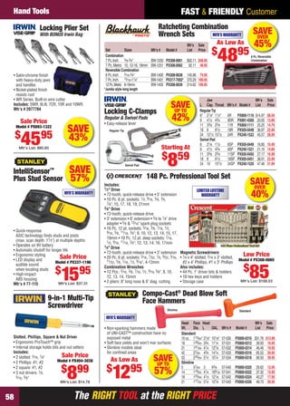 Hand Tools                                                                                                     FAST & FRIENDLY Customer
                      Locking Plier Set                                                          Ratcheting Combination
                      With BONUS Irwin Bag                                                       Wrench Sets      MFR’S WARRANTY
                                                                                                                                                                           SAVE
                                                                                                                                                                            OVER
                                                                                                                        Mfr’s   Sale
                                                                                                                                              As Low As                     45%
                                                                                                                                          $
                                                                                                                                              4895
                                                                                                                                                 5
                                                       Set           Sizes                 Mfr’s #     Model #          List    Price
                                                       Combination                                                                                                        8 Pc. Reversible
                                                       7 Pc. Inch 3⁄8-3⁄4"                 BW-1250 PX308-0061          $92.11 $48.95                                      Combination
                                                       7 Pc. Metric 10, 12-16, 18mm        BW-1251 PX308-0062           92.11 48.95
                                                       Reversible Combination
    • Satin-chrome ﬁnish                               8 Pc. Inch 5⁄16-3⁄4"                BW-1400 PX308-0638 145.96 74.95
      with heavy-duty jaws                             7 Pc. Inch 13⁄16-11⁄4"              BW-1401 PX317-7002* 370.29 189.95
      and handles                                      12 Pc. Metric 8-19mm                BW-1450 PX308-0639 214.62 109.95
    • Nickel-plated ﬁnish                              *Jumbo style–long length
      resists rust
    • WR Series: Built-in wire cutter                                                                                                Jaw                                     Mfr’s    Sale
    Includes: 5WR, 6LN, 7CR, 10R and 10WR.
    Mfr’s # 2077704
                                                                                                          SAVE                   L Cap. Throat        Mfr’s # Model #        List     Price
                                                       Locking C-Clamps                                    UP TO                 Regular Tip

         Sale Price
                                                       Regular & Swivel Pads
                                                       • Easy-release lever
                                                                                                           42%                   6" 21⁄8" 11⁄2"
                                                                                                                                 9 41⁄2 43⁄4
                                                                                                                                                      6R
                                                                                                                                                      9DR
                                                                                                                                                              PX800-1116
                                                                                                                                                              PX891-4300
                                                                                                                                                                             $14.97
                                                                                                                                                                              20.05
                                                                                                                                                                                      $8.59
                                                                                                                                                                                      13.89
                                                                                                                                 11 33⁄8 25⁄8         11R     PX800-1111      25.25   14.79
      Model # PX893-1322
                                      SAVE                Regular Tip                                                            18 8 91⁄2            18R     PX505-0448      36.97   22.99
     $                 95
         45
        Mfr’s List: $80.93
                                      43%
                                                                                                     Starting At
                                                                                                                                 24 121⁄2 151⁄2
                                                                                                                                 Swivel Pad
                                                                                                                                 6 21⁄8 11⁄2
                                                                                                                                 9 41⁄2 43⁄4
                                                                                                                                                      24R

                                                                                                                                                      6SP
                                                                                                                                                      9SP
                                                                                                                                                              PX240-1522

                                                                                                                                                              PX505-0449
                                                                                                                                                              PX240-1521
                                                                                                                                                                              45.57

                                                                                                                                                                              16.85
                                                                                                                                                                              21.10
                                                                                                                                                                                      28.99

                                                                                                                                                                                      10.49
                                                                                                                                                                                      14.89

                                                                                                     $ 59                        11 33⁄8 25⁄8

                                                                                                        8
                                                                                                                                                      11SP    PX505-0450      27.17   16.99
                                                                                                                                 18 8 91⁄2            18SP    PX505-0451      38.01   23.99
                                                                        Swivel Pad                                               24 10 151⁄2          24SP    PX240-1520      47.46   31.99
    IntelliSensor            ™         SAVE
    Plus Stud Sensor                   57%                                             148 Pc. Professional Tool Set
                                                       Includes:                                                                                                       SAVE
                                                                                                                                                                        OVER
                                                       1⁄ 2 " Drive
                                                                                                                                LIMITED LIFETIME
                                     MFR’S WARRANTY    • 72-tooth, quick-release drive • 5" extension
                                                       • 10 Pc. 6 pt. sockets: 1⁄ 2, 9⁄ 16, 5⁄ 8, 3⁄4,
                                                                                                                                   WARRANTY                               40%
                                                          7⁄ 8 "; 15, 17, 18, 19, 21mm
                                                       3⁄ 8 " Drive
                                                       • 72-tooth, quick-release drive
                                                       • 3" extension • 6" extension • 3⁄ 8 to 1⁄4" drive
                                                          adapter • 5⁄ 8 & 13⁄ 16" spark plug sockets
                                                       • 16 Pc. 12 pt. sockets: 5⁄ 16, 3⁄ 8, 7⁄ 16, 1⁄ 2,
    • Quick-response                                      9⁄ 16, 5⁄ 8, 11⁄ 16, 3⁄4"; 9, 10, 12, 13, 14, 15, 17,
      ASIC technology ﬁnds studs and joists
                                                          19mm • 10 Pc. 12 pt. deep sockets: 7⁄ 16,
      (max. scan depth: 11⁄ 2") at multiple depths        1⁄ 2, 9⁄ 16, 11⁄ 16, 3⁄4"; 12, 13, 14, 16, 17mm
    • Operates on 9V battery                           1⁄4 " Drive
    • Automatic shutoff for longer life
                                                       • 72-tooth, quick-release drive • 3" extension              Magnetic Screwdrivers
    • Ergonomic styling
                                   Sale Price          • 20 Pc. 6 pt. sockets: 3⁄ 16, 7⁄ 32, 1⁄4, 9⁄ 32, 5⁄ 16,    • 1⁄4 x 4" slotted, 3⁄ 16 x 3" slotted,
                                                                                                                                                                 Low Price
    • LED display and                                     11⁄ 32, 3⁄ 8, 7⁄ 16, 1⁄ 2, 9⁄ 16 ", 4-13mm                                                           Model # PX308-0065
                                Model # PX337-1196                                                                   #2 x 4" Phillips, #1 x 3" Phillips
      audible sound
                                                                                                                                                                  $
      when locating studs
    • High-impact
      ABS housing
    Mfr’s # 77-115
                                 $
                                     15     95
                                  Mfr’s List: $37.31
                                                       Combination Wrenches
                                                       • 12 Pcs.: 5⁄ 16, 3⁄ 8, 7⁄ 16, 1⁄ 2, 9⁄ 16, 5⁄ 8"; 8, 10,
                                                          12, 13, 14, 15mm
                                                       • 2 pliers: 8" long nose & 6" diag. cutting
                                                                                                                   Also includes:
                                                                                                                   • 44 Pc. 1" driver bits & holders
                                                                                                                   • 18 hex keys and holders
                                                                                                                   • Storage case
                                                                                                                                                                       85
                                                                                                                                                                Mfr’s List: $168.53


                                                                                     Compo-Cast® Dead Blow Soft
                            9-in-1 Multi-Tip                                         Face Hammers
                            Screwdriver                                                                 Slimline                                               Standard

                                                        MFR’S WARRANTY
                                                                                                                   Head Face Head                                            Mfr’s    Sale
                                                       • Non-sparking hammers made                                 Wt.     Dia. L         OAL Mfr’s #        Model #         List     Price
                                                         of UNI-CAST™ construction have no                         Standard
    Slotted, Phillips, Square & Nut Driver               exposed metal                                             10 oz. 113⁄64" 31⁄8"   101⁄8"   57-530    PX800-0310 $31.76 $13.99
    • Ergonomic ProTouch™ grip                         • Soft face yields and won’t mar surfaces                   18      139⁄64 33⁄4    111⁄4    57-531    PX800-0312 39.93 16.95
    • Internal storage holds bits and nut setters      • Slimline models ideal                                     21      151⁄64 41⁄4    127⁄8    57-532    PX800-0314 46.46 19.95
    Includes:                                            for conﬁned areas                                         42      27⁄64 43⁄4     141⁄4    57-533    PX800-0316 65.52 29.95
                                   Sale Price
    • 2 slotted: 3⁄ 16, 1⁄4"
    • 2 Phillips: #1, #2        Model # PX404-3038          As Low As                        SAVE
                                                                                              UP TO
                                                                                                                   52
                                                                                                                   Slimline
                                                                                                                           233⁄64 51⁄4    151⁄4    57-534    PX800-0318 90.50 39.95


                                     $ 99               $                  95
    • 2 square: #1, #2
    • 3 nut drivers: 1⁄4,
      5⁄ 16, 3⁄ 8 "                   8
                                 Mfr’s List: $14.78
                                                             12                               57%
                                                                                                                   5
                                                                                                                   14
                                                                                                                   18
                                                                                                                   21
                                                                                                                           57⁄64 3
                                                                                                                           119⁄64 41⁄4
                                                                                                                           133⁄64 41⁄2
                                                                                                                           117⁄32 51⁄4
                                                                                                                                          93⁄8
                                                                                                                                          109⁄16
                                                                                                                                          121⁄8
                                                                                                                                          127⁄8
                                                                                                                                                   57-540
                                                                                                                                                   57-541
                                                                                                                                                   57-542
                                                                                                                                                   57-543
                                                                                                                                                             PX800-0320
                                                                                                                                                             PX800-0322
                                                                                                                                                             PX800-0324
                                                                                                                                                             PX800-0326
                                                                                                                                                                              29.62
                                                                                                                                                                              37.32
                                                                                                                                                                              40.27
                                                                                                                                                                              49.73
                                                                                                                                                                                       12.95
                                                                                                                                                                                       15.95
                                                                                                                                                                                       17.95
                                                                                                                                                                                       20.95


58                                       The RIGHT TOOL at the RIGHT PRICE
58-59 EH 13-04 HT.indd 58                                                                                                                                                        3/21/13 11:50 AM
 