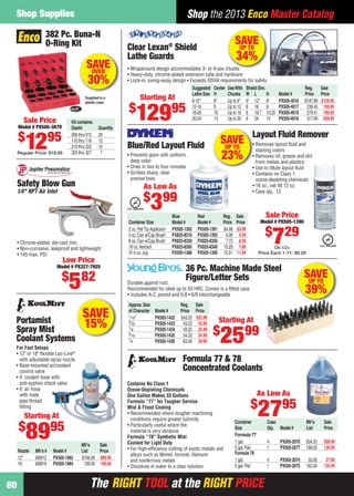 Shop Supplies                                                                               Shop the 2013 Enco Master Catalog
                    382 Pc. Buna-N
                    O-Ring Kit                               Clear Lexan® Shield
                                                                                                                            SAVE
                                                                                                                             UP TO
                                                             Lathe Guards                                                   34%
                                           SAVE
                                            OVER             • Wraparound design accommodates 3- or 4-jaw chucks
                                                             • Heavy-duty, chrome-plated extension tube and hardware
                                           30%               • Lock-in, swing-away design • Exceeds OSHA requirements for safety
                                                                                             Suggested Center Use With Shield Dim.                               Reg.    Sale
                                                                                             Lathe Size H     Chucks W L           H               Model #       Price Price
                                          Supplied in a
                                          plastic case
                                                                   Starting At               6-12"      6"    Up to 8" 6" 12" 6"                   PX505-4016    $197.89 $129.95
                                                             $
                                                                  12995
                                                                                             12-16      8     Up to 12 8 16 8                      PX505-4017     239.45 159.95
                                                                                             16-20      10    Up to 16 8 19.7 10.25                PX505-4019     279.41 189.95
        Sale Price                                                                           20-24      13    Up to 20 8 24 12                     PX505-4018     317.69 209.95
                                  Kit contains:
     Model # PX505-3879           Dash#           Quantity

     $                  95                                                                                                           Layout Fluid Remover
         12
                                  006 thru 012    20
                                  110 thru 116
                                  210 thru 222
                                                  13
                                                  10         Blue/Red Layout Fluid                                 SAVE
                                                                                                                    UP TO            • Removes layout ﬂuid and
                                                                                                                                       staining colors
     Regular Price: $18.95        325 thru 327     7         • Prevents glare with uniform,
                                                               deep color
                                                                                                                   23%               • Removes oil, grease and dirt
                                                                                                                                       from metals and plastics
                                                             • Dries in two to four minutes                                          • Use to dilute layout ﬂuid
                                                             • Scribes sharp, clear                                                  • Contains no Class 1
                                                               precise lines                                                           ozone-depleting chemicals
     Safety Blow Gun                                                   As Low As                                                     • 16 oz.; net ﬁll 12 oz.
     1⁄4" NPT Air Inlet                                                                                                              • Case qty.: 12
                                                                      $ 99
                                                                            3            Blue         Red           Reg.    Sale             Sale Price
                                                             Container Size              Model #      Model #       Price   Price         Model # PX505-1390
                                                             2 oz. Felt Tip Applicator   PX505-1392   PX505-1391    $4.98   $3.99
                                                                                                                                             $ 29
     • Chrome-plated, die-cast zinc
     • Non-corrosive, leakproof and lightweight
                                                             4 oz. Can w/Cap Brush
                                                             8 oz. Can w/Cap Brush
                                                             16 oz. Aerosol
                                                             31.4 oz. Jug
                                                                                         PX825-8310
                                                                                         PX825-8320
                                                                                         PX825-8300
                                                                                         PX505-1386
                                                                                                      PX505-1393
                                                                                                      PX825-8350
                                                                                                      PX825-8340
                                                                                                      PX505-1395
                                                                                                                     6.06
                                                                                                                     7.72
                                                                                                                    10.29
                                                                                                                    15.51
                                                                                                                             5.09
                                                                                                                             6.59
                                                                                                                             7.89
                                                                                                                            11.89
                                                                                                                                                  7
                                                                                                                                                 On 12+
                                                                                                                                          Price Each 1-11: $8.29
     • 145 max. PSI
                              Low Price
                            Model # PX327-7925
                                                                                               36 Pc. Machine Made Steel
                              $ 82                                                                                                                               SAVE
                                5                            Durable against rust.
                                                                                               Figure/Letter Sets
                                                             Recommended for steel up to 50 HRC. Comes in a ﬁtted case.
                                                             • Includes A-Z, period and 0-8 • 6/9 interchangeable
                                                                                                                                                                  UP TO
                                                                                                                                                                 39%
                                                             Approx. Size                    Reg. Sale


    Portamist
                                        SAVE                 of Character
                                                             1⁄ 16"
                                                                              Model #
                                                                              PX505-1432
                                                                                             Price Price
                                                                                             $43.22 $25.99
                                                                                                                   Starting At
                                        15%                  3⁄ 32            PX505-1433      43.22 25.99
                                                                                                             $
    Spray Mist
                                                                                                                   2599
                                                             1⁄ 8             PX505-1434      43.22 25.99
                                                             3⁄ 16            PX505-1435      54.33 34.99
    Coolant Systems                                          1⁄4              PX505-1436      63.56 39.95
    For Fast Setups
    • 12" or 18" ﬂexible Loc-Line®
      with adjustable spray nozzle                                                            Formula 77 & 78
    • Base-mounted air/coolant
      control valve                                                                           Concentrated Coolants
    • 4' coolant hose with
      anti-syphon check valve                                Contains No Class 1
    • 4' air hose                                            Ozone-Depleting Chemicals
      with male                                              One Gallon Makes 33 Gallons                                                  As Low As
                                                                                                                                    $
                                                                                                                                          2795
      pipe thread                                            Formula “77” for Tougher Service
      ﬁtting                                                 Mist & Flood Cooling
                                                             • Recommended where tougher machining
        Starting At                                            conditions require greater lubricity
                                                                                                                            Container         Case                 Mfr’s      Sale
     $                  95
         89
                                                             • Particularly useful where the
                                                                                                                            Size              Qty. Model #         List       Price
                                                               material is very abrasive
                                                             Formula “78” Synthetic Mist                                    Formula 77
                                                             Coolant for Light Duty                                         1 gal.            4     PX505-2076     $34.25     $28.95
                                       Mfr’s   Sale                                                                         5 gal. Pail       1     PX505-2077     168.00     139.95
     Nozzle   Mfr’s #   Model #        List    Price         • For high-efﬁciency cutting of exotic metals and
                                                               alloys such as Monel, Inconel, titanium                      Formula 78
     12"      60M12     PX505-1982     $106.00 $89.95                                                                       1 gal.            4     PX505-2074      33.00      27.95
                                                               and nonferrous metals
     18       60M18     PX505-1984      126.00 106.95                                                                       5 gal. Pail       1     PX505-2075     162.00     135.95
                                                             • Dissolves in water to a clear solution


60                                           The RIGHT TOOL at the RIGHT PRICE
60-61 EH 13-04 SS.indd 60                                                                                                                                                   3/21/13 11:55 AM
 