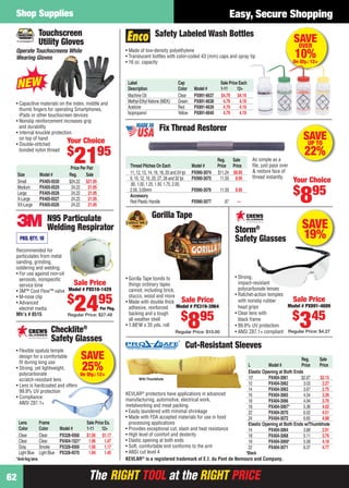 Shop Supplies                                                                                                                   Easy, Secure Shopping
                     Touchscreen                                                     Safety Labeled Wash Bottles
                     Utility Gloves                                                                                                                                   SAVE
                                                                                                                                                                       OVER
    Operate Touchscreens While                                     • Made of low-density polyethylene
    Wearing Gloves                                                 • Translucent bottles with color-coded 43 (mm) caps and spray tip
                                                                   • 16 oz. capacity
                                                                                                                                                                      10%
                                                                                                                                                                      On Qty.: 12+



                                                                    Label                           Cap                     Sale Price Each
                                                                    Description                     Color     Model #       1-11      12+
                                                                    Machine Oil                     Clear     PX891-6637    $4.79 $4.19
    • Capacitive materials on the index, middle and                 Methyl-Ethyl Ketone (MEK)       Green     PX891-6638      4.79     4.19
      thumb ﬁngers for operating Smartphones,                       Acetone                         Red       PX891-6639      4.79     4.19
      iPads or other touchscreen devices                            Isopropanol                     Yellow    PX891-6640      4.79     4.19
    • Nonslip reinforcement increases grip
      and durability
    • Internal knuckle protection
                                                                                        Fix Thread Restorer
      on top of hand
                               Your Choice                                                                                                                                 SAVE
                                                                                                                                                                            UP TO
    • Double-stitched
                                     $
      bonded nylon thread

                                          2195
                                        Price Per Pair               Thread Pitches On Each
                                                                     11, 12, 13, 14, 16, 18, 20 and 24 tpi
                                                                                                             Model #
                                                                                                             PX990-3074
                                                                                                                           Reg.   Sale
                                                                                                                           Price Price
                                                                                                                           $11.24 $8.95
                                                                                                                                                As simple as a
                                                                                                                                                ﬁle, just pass over
                                                                                                                                                & restore face of
                                                                                                                                                                           22%
     Size            Model #           Reg.      Sale                                                                                           thread instantly.
                                                                     9, 10, 12, 16, 20, 27, 28 and 32 tpi    PX990-3075     11.59 8.95                                Your Choice
     Small           PX405-0530        $24.22 $21.95
                                                                     .80, 1.00, 1.25, 1.50, 1.75, 2.00,
     Medium          PX405-0529         24.22      21.95
                                                                                                                                                                      $ 95
     Large
     X-Large
     XX-Large
                     PX405-0528
                     PX405-0527
                     PX405-0526
                                        24.22
                                        24.22
                                        24.22
                                                   21.95
                                                   21.95
                                                   21.95
                                                                     2.50, 3.00mm
                                                                     Accessory
                                                                     Red Plastic Handle
                                                                                                             PX990-3076

                                                                                                             PX990-3077
                                                                                                                            11.59

                                                                                                                              .97
                                                                                                                                     8.95

                                                                                                                                     —                                   8
                          N95 Particulate                                          Gorilla Tape
                          Welding Respirator                                                                                         Storm®                               SAVE
      PKG. QTY.: 10                                                                                                                  Safety Glasses                       19%
    Recommended for
    particulates from metal
    sanding, grinding,
    soldering and welding.
    • For use against non-oil
      aerosols, nonspeciﬁc                                         • Gorilla Tape bonds to                                           • Strong,
      service time              Sale Price                           things ordinary tapes                                             impact-resistant
    • 3M™ Cool Flow™ valve Model # PX510-1429                        cannot, including brick,                                          polycarbonate lenses
                                                                                                                                     • Ratchet-action temples
                                     $
                                          2495
    • M-nose clip                                                    stucco, wood and more
    • Advanced                                                     • Made with double thick Sale Price                                 with nonslip rubber      Sale Price
                                                                     adhesive, reinforced     Model # PX319-3964                       head grips             Model # PX891-4689
      electret media                          Per Pkg.

                                                                                                      $ 95                           • Clear lens with
                                                                                                                                                                      $ 45
                                                                                                                                                                         3
                                                                     backing and a tough

                                                                                                             8
    Mfr’s # 8515              Regular Price: $27.49
                                                                     all weather shell                                                 black frame
                                                                   • 1.88"W x 35 yds. roll                                           • 99.9% UV protection
                            Checklite®                                                             Regular Price: $10.00             • ANSI Z87.1+ compliant Regular Price: $4.27
                                 y
                            Safety Glasses
    • Flexible spatula temple
                                                                                                         Cut-Resistant Sleeves
      design for a comfortable
      ﬁt during long use
                                                SAVE                                                                                                                     Reg.    Sale
    • Strong, yet lightweight,
      polycarbonate                 On Qty.: 12+
                                                25%                                                                                           L         Model #          Price
                                                                                                                                              Elastic Opening at Both Ends
                                                                                                                                                                                 Price

      scratch-resistant lens                                              With Thumbhole                                                      10"       PX404-3061       $2.87   $2.15
                                ers
    • Lens is hardcoated and offers                                                                                                           12        PX404-3062         3.03   2.27
      99.9% UV protection                                                                                                                     14        PX404-3063         3.67   2.75
                                                                   KEVLAR® protectors have applications in advanced                           16        PX404-3065         4.54   3.39
    • Compliance:                                                  manufacturing, automotive, electrical work,
      ANSI Z87.1+                                                                                                                             18        PX404-3066         4.94   3.70
                                                                   metalworking and meat packing.                                             18        PX404-3067*        5.36   4.02
                                                                   • Easily laundered with minimal shrinkage                                  22        PX404-3070         6.02   4.51
                                                                   • Made with FDA accepted materials for use in food                         24        PX404-3072         6.65   4.98
      Lens           Frame                       Sale Price Ea.      processing applications                                                  Elastic Opening at Both Ends w/Thumbhole
      Color          Color        Model #        1-11     12+      • Provides exceptional cut, slash and heat resistance                      14        PX404-3064         3.88   2.91
      Clear          Clear        PX328-4568     $1.56 $1.17       • High level of comfort and dexterity                                      18        PX404-3068         5.11   3.79
      Clear          Clear        PX404-1521*     1.96      1.47   • Elastic opening at both ends                                             18        PX404-3069*        5.58   4.18
      Gray           Smoke        PX328-4569      1.56      1.17   • Soft, comfortable knit conforms to the arm                               22        PX404-3071         6.37   4.77
      Light Blue     Light Blue   PX328-4570      1.94      1.45   • ANSI cut level 4                                       *Black
    *Anti-fog lens                                                 KEVLAR® is a registered trademark of E.I. du Pont de Nemours and Company.


62                                                 The RIGHT TOOL at the RIGHT PRICE
62-63 EH 13-04 SS.indd 62                                                                                                                                                       3/21/13 11:58 AM
 