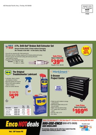 400 Nevada Paciﬁc Hwy., Fernley, NV 89408
                                                                                                                                          PRSRT STD
                                                                                                                                          U.S. Postage
                                                                                                                                             PAID
                                                                                                                                              Enco
                                                                                                                                               PX08




                          4 Pc. Drill-Out® Broken Bolt Extractor Set
                          Remove Broken Bolts & Studs without Damaging
                          the Threads in the Hole - in One Quick, Easy Step
                                                                                                                                           SAVE
                                                                                                                                            OVER
      • Use with any reversing drill • Self-centering tip
      • Eliminates need for re-drilling, tapping and re-chasing existing bolt casing
                                                                                                                                           35%
      • Precision-ground 130° left-hand cutting self-centering drill point;                Sale Price
        heat-treated for long life                                                      Model # PX505-0298

                                                                                       $
                                                                                           3995
      • Supplied in ﬁtted polyethylene case
            Includes: 1⁄4", #M6; 5⁄ 16", #M8;
                        3⁄ 8", #M10; 1⁄ 2", #M12

                                                                                        Regular Price: $63.98




                        The Original
                        Troubleshooter Lubricant
                                                                                       5-Drawer
      • Lubricates, cleans, protects                                                   Project Center
        and displaces moisture
      • Removes grease and road tar
      • Will not harm paints, plastics,
        rubbers or fabrics
      • Does not contain silicones                                                               LIMITED
                                                                                                 LIFETIME
                                                                                                WARRANTY
               As Low As
               $ 99
                   5
                                                                                       • Plastic top with molded-in storage
                                                                                         compartments
                                                                                       • Ball-bearing slides hold up to 50
                                           Reg.     Sale                                 lbs. per drawer                          Low Price
       Description       Model #           Price    Price                              • Black • One lock with two keys       Model # PX405-0484

                                                                                                                              $
                                                                                                                              16995
       16 oz. Aerosol    PX505-1184        $6.33    $5.99                              • 41⁄4" casters with 2 ﬁxed and 2
       1 gal. Can        PX505-1186        22.21    19.99                                swivel
       5 gal. Pail       PX505-1187       101.83    95.95                              • 261⁄ 2W x 18D x 31"H
       Spray Bottle      PX422-1623         4.77     3.99                              • Wt.: 98 lbs.




01-64 EP 13-04 ProspectCover.indd 1                                                                                                                3/21/13 10:41 AM
 