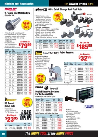 The RIGHT TOOL at the RIGHT PRICEThe RIGHT TOOL at the RIGHT PRICE
Machine Tool Accessories
10
The Lowest Prices in the
SAVEUP TO
52%
• Wedge-type tool posts
are precision engineered to
ensure repetitive accuracy
• Interchangeable with Aloris
• Oversized T-nut can be
machined to ﬁt any size lathe
6 Pc. Sets include
1 tool post and 5 holders:
• Style 1: Boring and facing on piston type,
turning and facing on wedge type
• Style 2: Boring, turning and facing
• Style 4: Boring, heavy-duty
• Style 7: Universal parting blade
• Style 10: Knurling, facing and turning
6 Pc. Quick Change Tool Post Sets
WedgeType
Piston Type
As Low As
$
18595
Lathe PistonType Reg. Sale WedgeType Reg. Sale
Series Swing Model # Price Price Model # Price Price
100 9-12" RB505-2253 $309.50 $187.95 RB890-9636 $383.76 $185.95
200 10-15 RB505-2172 355.62 215.95 RB890-9637 452.39 215.95
300 13-18 RB505-6543 447.90 271.95 RB890-9638 594.51 295.95
400 14-20 — RB890-9639 761.37 425.95
SAVEUP TO
35%
Single-Leverage Type
• Heavy-duty construction
• Front/side gib adjustment
• Steel pinions and rams
• Four-position anvil
• Palmgren includes
punch set for
specialized pressing
Arbor Presses
Tons of Max. Wt. Reg. Sale
Pressure WorkHt. Lbs. Model # Price Price
Enco
1⁄2 41⁄2" 25 RB805-1005 $50.74 $32.95
1 51⁄4 40 RB805-1010 61.31 49.95
3 121⁄2 160 RB805-1030* 159.21 129.95
Palmgren
1⁄2 41⁄2 25 RB890-8802 62.78 49.95
1 51⁄2 32 RB890-8803 86.31 69.95
2 8 68 RB890-8804 172.62 139.95
3 121⁄2 160 RB890-8805* 255.00 203.95
4 153⁄4 225 RB890-8806* 551.19 454.95
*Truck Shipment
As Low As
$
3295
R8 Round
Collet Sets
• Hardened and
ground throughout
• 7⁄16"-20 drawbar thread
Reg. Sale
Set Sizes Model # Price Price
6 Pc. 1⁄8-3⁄4" x 8ths RB231-4606 $28.80 $23.95
13 Pc. 1⁄8-7⁄8 x 16ths RB505-5022 115.93 69.95
Starting At
$
2395
SAVEUP TO
39%
SAVEUP TO
24%
End Mill Gage
Shank Nose Line to Mfr’s Sale
Dia. Dia. NoseEnd Model # List Price
1⁄8" .69" 1.75" RB240-3014 $132.00 $104.99
1⁄8 .69 2.5 RB240-3015 132.00 104.99
1⁄8 1 3 RB240-3016 144.00 114.99
3⁄16 .69 1.75 RB240-3017 112.00 89.99
3⁄16 .69 2.5 RB240-3018 112.00 89.99
1⁄4 .88 1.75 RB240-3019 112.00 89.99
1⁄4 .88 2.5 RB890-9748 112.00 89.99
1⁄4 1 3 RB240-3020 113.00 89.99
5⁄16 1 2.5 RB240-3021 102.00 79.99
3⁄8 1 1.75 RB240-3022 102.00 79.99
3⁄8 1 2.5 RB307-0770 102.00 79.99
1⁄2 1.75 1.75 RB240-3025 102.00 79.99
1⁄2 1.25 2.62 RB890-9749 102.00 79.99
1⁄2 1.25 4 RB240-3026 112.00 84.99
1⁄2 1.25 6 RB307-3353 132.00 104.99
5⁄8 1.75 1.75 RB240-3027 102.00 79.99
5⁄8 1.5 2.75 RB307-1737 102.00 79.99
3⁄4 1.75 1.75 RB240-3028 102.00 79.99
3⁄4 1.75 3 RB240-3029 102.00 79.99
3⁄4 1.75 3.5 RB307-1738 102.00 79.99
3⁄4 1.75 6 RB307-3354 125.00 99.99
1 2 1.75 RB240-3030 113.00 89.99
1 2 3 RB240-3031 113.00 89.99
1 2 4 RB307-1739 105.00 89.99
11⁄4 2.50 4 RB307-1740 119.00 94.99
V-Flange End Mill Holders
Caterpillar #40
• Through-spindle coolant capability
• End mill socket TIR .0002" or better to
insure best possible cutting tool life
• Constructed of alloy steel for long,
durable service life
• HRC 52-56
• Bright taper with
black-oxide ﬁnish to
prevent corrosion
• Meets ANSI speciﬁcations
As Low As
$
7999
Lathe Packages with Radius Dia. Mode
Reg. Sale
Travel Model # Price Price
6 x 36" RB319-9604 $1,486.75 $1,189.00
8 x 40 RB319-9614 1,532.35 1,189.00
8 x 60 RB319-9621 1,890.50 1,469.00
8 x 80 RB319-9631 2,247.70 1,649.00
10 x 60 RB319-9622 1,916.15 1,469.00
10 x 80 RB319-9632 2,294.25 1,689.00
12 x 120 RB319-9638 3,225.25 2,289.00
Machine Table Reg. Sale
Travel Size Model # Price Price
12 x 24" 8 x 30" RB319-3319 $1,224.55 $979.00
12 x 30 9 x 42 RB319-3309 1,220.75 979.00
12 x 36 9 x 49 RB319-3310 1,220.75 979.00
14 x 32 9 x 42 RB319-3320 1,272.05 979.00
16 x 36 10 x 54 RB319-3313 1,323.35 979.00
18 x 40 11 x 58 RB319-3312 1,323.35 979.00
Digital Readout Systems
For Lathes & Mills
Packages include:
• 20iM digital readout
• All mounting hardware
• Two high-precision scales
• Installation assistance
Mill Packages with Bolthole Cycle
Features:
• Easy-to-read display
• Resolution: .0002/.0005"
• 20-tool offset
• Bolthole cycle
• Radius/Diameter mode
• Taper calculation
5-YEAR MFR'S
WARRANTY
10-11 EH 13-07 MTA.indd 1010-11 EH 13-07 MTA.indd 10 6/19/13 10:36 AM6/19/13 10:36 AM
 