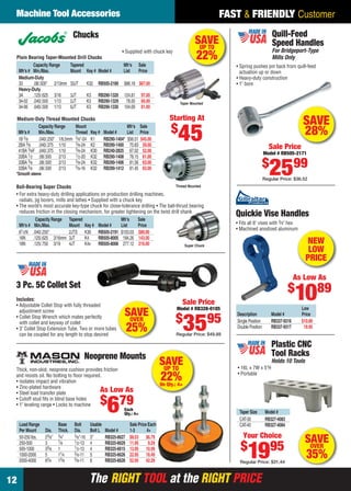 The RIGHT TOOL at the RIGHT PRICEThe RIGHT TOOL at the RIGHT PRICE
Machine Tool Accessories
12
FAST & FRIENDLY Customer
SAVEUP TO
22%On Qty.: 4+
Neoprene Mounts
Thick, non-skid, neoprene cushion provides friction
and resists oil. No bolting to ﬂoor required.
• Isolates impact and vibration
• Zinc-plated hardware
• Steel load transfer plate
• Cutoff stud ﬁts in blind base holes
• 1" leveling range • Locks to machine
Load Range Base Bolt Usable Sale Price Each
Per Mount Dia. Thick. Dia. Bolt L Model # 1-3 4+
50-250 lbs. 23⁄8" 3⁄4" 3⁄8"-16 3" RB325-6627 $8.53 $6.79
250-500 3 7⁄8 1⁄2-13 4 RB325-6629 11.95 9.29
500-1000 33⁄8 1 1⁄2-13 4 RB325-6615 13.95 10.99
1000-2000 5 11⁄4 5⁄8-11 5 RB325-6626 22.95 18.49
2000-4000 63⁄4 13⁄8 5⁄8-11 6 RB325-6628 52.95 42.29
As Low As
$
679Each
Qty.: 4+
SAVEUP TO
22%• Supplied with chuck key
Chucks
Taper Mounted
Thread Mounted
*Smooth sleeve
Medium-Duty Thread Mounted Chucks
Capacity Range Mount Mfr’s Sale
Mfr’s # Min./Max. Thread Key # Model # List Price
1B 3⁄8 .040/.250" 1/6.5mm 3⁄8"-24 K1 RB290-1404* $56.51 $45.00
2BA 3⁄8 .040/.375 1/10 3⁄8-24 K2 RB290-1400 75.83 59.00
41BA 3⁄8F .040/.375 1/10 3⁄8-24 K30 RB240-2825 67.02 52.00
33BA 1⁄2 .08/.500 2/13 1⁄2-20 K32 RB290-1408 78.15 61.00
33BA 3⁄8 .08/.500 2/13 3⁄8-24 K32 RB290-1406 81.56 63.00
33BA 5⁄8 .08/.500 2/13 5⁄8-16 K32 RB290-1412 81.45 63.00
• For extra heavy-duty drilling applications on production drilling machines,
radials, jig borers, mills and lathes • Supplied with a chuck key
• The world’s most accurate key-type chuck for close-tolerance drilling • The ball-thrust bearing
reduces friction in the closing mechanism, for greater tightening on the twist drill shank
Ball-Bearing Super Chucks
Capacity Range Tapered Mfr’s Sale
Mfr’s # Min./Max. Mount Key # Model # List Price
81⁄2N .040/.250" 2JTS K30 RB505-2191 $103.03 $80.00
16N .125/.625 3/16mm 3JT K4 RB505-8005 184.26 143.00
18N .125/.750 3/19 4JT K4v RB505-8006 277.12 216.00 Super Chuck
Starting At
$
45
Capacity Range Tapered Mfr’s Sale
Mfr’s # Min./Max. Mount Key # Model # List Price
Medium-Duty
33 .08/.500" 2/13mm 33JT K32 RB505-2189 $86.18 $67.00
Heavy-Duty
3A .125/.625 3/16 3JT K3 RB290-1320 124.81 97.00
34-02 .040/.500 1/13 2JT K3 RB290-1329 78.00 60.00
34-06 .040/.500 1/13 6JT K3 RB290-1330 104.09 81.00
Plain Bearing Taper-Mounted Drill Chucks
SAVEOVER
25%
3 Pc. 5C Collet Set
Includes:
• Adjustable Collet Stop with fully threaded
adjustment screw
• Collet Stop Wrench which mates perfectly
with collet and keyway of collet
• 3" Collet Stop Extension Tube. Two or more tubes
can be coupled for any length to stop desired
Sale Price
Model # RB328-0185
$
3595
Regular Price: $49.89
Quill-Feed
Speed Handles
For Bridgeport-Type
Mills Only
• Spring pushes pin back from quill-feed
actuation up or down
• Heavy-duty construction
• 1" bore
SAVE
28%
Sale Price
Model # RB505-2171
$
2599
Regular Price: $36.52
Low
Description Model # Price
Single Position RB337-9316 $10.89
Double Position RB337-9317 19.95
Quickie Vise Handles
• Fits all 6" vises with 3⁄4" hex
• Machined anodized aluminum
As Low As
$
1089
m
NEW
LOW
PRICE
Plastic CNC
Tool Racks
Holds 10 Tools
• 16L x 7W x 5"H
• Portable
Taper Size Model #
CAT-30 RB327-4083
CAT-40 RB327-4084
Your Choice
$
1995
Regular Price: $31.44
SAVEOVER
35%
12-13 EH 13-07 MTA.indd 1212-13 EH 13-07 MTA.indd 12 6/19/13 11:08 AM6/19/13 11:08 AM
 