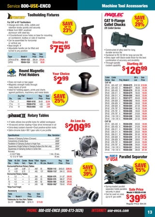 PHONE: 800-USE-ENCO (800-873-3626) INTERNET: use-enco.comPHONE: 800-USE-ENCO (800-873-3626) INTERNET: use-enco.com
Machine Tool Accessories
13
Service 800-USE-ENCO
SAVEUP TO
39%
• 4" table utilizes low-proﬁle locks for added workspace
• 10-second vernier reading • Gear drive immersed in oil
• Extra-deep coolant channel • Dual positive-action locks
• Satin-chrome dials • 90:1 gear ratio • Low proﬁle
Accessory
Table Reg. Sale
Dia. Model # Price Price
Tailstocks for Hor./Vert.Tables
8 & 10" RB200-1098 $218.13 $115.95
Rotary Tables
*ShipsTruck Freight
Table Ht.O/A Center Morse T-Slot Approx. Reg. Sale
Dia. Horiz. Vert. Taper W Wt.Lbs. Model # Price Price
Horizontal/Vertical RotaryTables
8" 3.94" 5.98" 3 .465" 95 RB200-1143 $455.61 $289.95
10 4.33 6.75 3 .465 137 RB200-1153* 594.12 359.95
Horizontal RotaryTables
6 3.2 — 2 .390 42 RB200-1076 311.97 209.95
8 4.1 — 3 .465 55 RB200-1078 386.37 279.95
10 4.5 — 3 .465 82 RB200-1080 436.80 299.95
12 5.3 — 4 .545 168 RB200-1082* 759.42 479.95
Speciﬁcations Max. Variation
Flatness of Clamping Surface (Concave): .0006"
Concentricity of Center Bore: .0008"
Parallelism of Clamping Surface to Angle Face: .0008"
SquarenessofAngleSurfacetoClampingSurface(Hor./Vert.only): .0004"
Squareness of Clamping Surface to Center Slot: .0008"
Accuracy:
4, 6 & 8"Table 1 min. 20 sec.
10, 12 & 16"Table 45 sec.
As Low As
$
20995
Toolholding Fixtures
• Change end mills, drills, collets and
retention knobs quickly and securely
• Made from 6061 anodized
aluminum with steel key
• 4 Counterbored screw holes on base for mounting
on workbench, toolbox or side of machine
• Can be assembled for horizontal
or vertical use
• Base length: 4"
• Adjustable handle can be lifted and
turned to any position
For CAT or BT Toolholders
Reg. Sale
Taper Model # Price Price
CAT40 & BT40 RB404-1522 $99.34 $75.95
CAT50 RB404-1524 103.53 85.95
SAVEUP TO
23%
Starting At
$
7595
SAVE
25%
Parallel Separator
• Spring-loaded parallel
separator holds parallels
securely in place
• Can be used on vises
up to 6" jaw width
Sale Price
Model # RB328-0100
$
3995
Regular Price: $54.55
SAVEUP TO
29%
CAT V-Flange
Collet Chucks
ER Collet Series
• Constructed of alloy steel for long,
durable service life
• Hardened to RC 52-56 for long service life
• Shiny taper with black-oxide ﬁnish for the best
combination of accuracy and durability
• Through-spindle
coolant capability
Collet Collet Mfr’s Sale
Series Size Proj. Model # List Price
CAT 40
ER-16 .020-.433" 2.5" RB308-0276 $191.00 $133.99
ER-16 .020-.433 3 RB308-0277 180.00 126.99
ER-16 .020-.433 5 RB308-0278 201.00 141.99
ER-20 .039-.511 3 RB308-0279 184.00 130.99
ER-20 .039-.511 4 RB308-0280 188.00 132.99
ER-20 .039-.511 6 RB307-0777 204.00 143.99
ER-25 .039-.629 2 RB308-0282 184.00 130.99
ER-25 .039-.629 4 RB308-0283 193.00 135.99
ER-25 .039-.629 6 RB308-0284 221.00 156.99
ER-32 .078-.787 3 RB308-0285 191.00 133.99
ER-32 .078-.787 4 RB308-0286 193.00 135.99
ER-32 .078-.787 6 RB308-0287 210.00 148.99
ER-40 .118-1.181 4 RB308-0288 193.00 135.99
ER-40 .118-1.181 6 RB308-0289 221.00 156.99
CAT 50
ER-16 .020-.433 4 RB308-0290 203.00 145.99
ER-16 .020-.433 6 RB308-0291 215.00 154.99
ER-20 .039-.511 4 RB308-0292 217.00 156.99
ER-20 .039-.511 6 RB308-0293 235.00 168.99
ER-20 .039-.511 8 RB308-0294 261.00 187.99
ER-25 .039-.629 4 RB308-0295 221.00 158.99
ER-25 .039-.629 6 RB308-0296 238.00 171.99
ER-32 .078-.787 4 RB308-0297 224.00 159.99
ER-32 .078-.787 6 RB308-0298 240.00 172.99
ER-40 .118-1.181 4 RB308-0301 254.00 182.99
ER-40 .118-1.181 6 RB308-0300 280.00 201.99
Starting At
$
12699
SAVE
25%
Avg.Pull Reg. Sale
Dia. Lbs. Model # Price Price
113⁄64" 7 RB891-8105 $4.00 $2.99
17⁄16 11 RB890-9756 4.00 2.99
21⁄32 19 RB325-6892 4.00 2.99
• Does not mark or tear paper
• Magnetic strength holds through
many layers of print
• Ideal for holding papers, prints and charts
against partitions, machinery and metal desks
Round Magnetic
Print Holders Your Choice
$
299
12-13 EH 13-07 MTA.indd 1312-13 EH 13-07 MTA.indd 13 6/19/13 11:08 AM6/19/13 11:08 AM
 