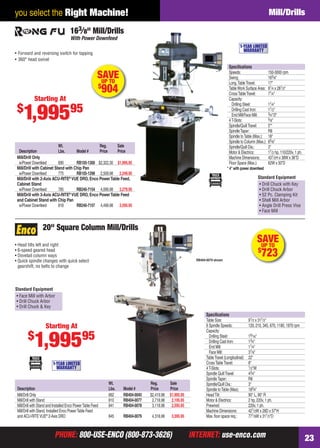 PHONE: 800-USE-ENCO (800-873-3626) INTERNET: use-enco.comPHONE: 800-USE-ENCO (800-873-3626) INTERNET: use-enco.com 23
you select the Right Machine! Mill/Drills
RB404-0079 shown
20" Square Column Mill/Drills
Starting At
$
1,99595
Speciﬁcations
Table Size: 91⁄2 x 311⁄2"
6 Spindle Speeds: 120, 210, 345, 670, 1180, 1970 rpm
Capacity:
Drilling Steel: 19⁄16"
Drilling Cast Iron: 13⁄4"
End Mill: 11⁄4"
Face Mill: 31⁄8"
TableTravel (Longitudinal): 22"
CrossTableTravel: 8"
4T-Slots: 1⁄2"W
Spindle QuillTravel: 43⁄4"
SpindleTaper: R8
Spindle/Quill Dia.: 3"
Spindle toTable (Max): 183⁄4"
HeadTilt: 90° L, 90° R
Motor & Electrics: 2 hp, 220v, 1 ph.
Prewired: 220v, 1 ph.
Machine Dimensions: 421⁄2W x 28D x 57"H
Max.ﬂoor space req.: 771⁄8W x 311⁄2"D
1-YEAR LIMITED
WARRANTY
Wt. Reg. Sale
Description Lbs. Model # Price Price
Mill/Drill Only 662 RB404-0045 $2,419.98 $1,995.95
Mill/Drill with Stand 810 RB404-0077 2,718.98 2,195.95
Mill/Drill with Stand and Installed Enco PowerTable Feed 841 RB404-0078 3,118.98 2,595.95
Mill/Drill with Stand, Installed Enco PowerTable Feed
and ACU-RITEVUE®
2-Axis DRO 845 RB404-0079 4,318.98 3,595.95
• Head tilts left and right
• 6-speed geared head
• Dovetail column ways
• Quick spindle changes with quick select
gearshift, no belts to change
SAVEUP TO
$
723
• Face Mill with Arbor
• Drill Chuck Arbor
• Drill Chuck & Key
Standard Equipment
SAVEUP TO
$
904
• Forward and reversing switch for tapping
• 360° head swivel
163⁄8" Mill/Drills
• Drill Chuck with Key
• Drill Chuck Arbor
• 52 Pc. Clamping Kit
• Shell Mill Arbor
• Angle Drill Press Vise
• Face Mill
Standard Equipment
Speciﬁcations
Speeds: 150-3000 rpm
Swing: 163⁄8"
Long.TableTravel: 17"
TableWork Surface Area: 81⁄4 x 281⁄2"
CrossTableTravel: 71⁄4"
Capacity:
Drilling Steel: 11⁄4"
Drilling Cast Iron: 11⁄2"
End Mill/Face Mill: 3⁄4"/3"
4T-Slots: 5⁄8"
Spindle/QuillTravel: 5"*
SpindleTaper: R8
Spindle toTable (Max.): 18"
Spindle to Column (Max.): 65⁄8"
Spindle/Quill Dia.: 3"
Motor & Electrics: 11⁄2 hp, 110/220v, 1 ph.
Machine Dimensions: 431⁄2H x 38W x 36"D
Floor Space (Max.): 62W x 50"D
* 4" with power downfeed
1-YEAR LIMITED
WARRANTY
Starting At
$
1,99595
With Power Downfeed
Wt. Reg. Sale
Description Lbs. Model # Price Price
Mill/Drill Only
w/Power Downfeed 690 RB105-1300 $2,322.30 $1,995.95
Mill/Drill with Cabinet Stand with Chip Pan
w/Power Downfeed 775 RB105-1298 2,509.98 2,249.95
Mill/Drill with 2-Axis ACU-RITE®
VUE DRO, Enco PowerTable Feed,
Cabinet Stand
w/Power Downfeed 785 RB240-7154 4,099.98 3,279.95
Mill/Drill with 3-Axis ACU-RITE®
VUE DRO, Enco PowerTable Feed
and Cabinet Stand with Chip Pan
w/Power Downfeed 818 RB240-7157 4,499.98 3,595.95
22-23 EH 13-07 M&MD.indd 2322-23 EH 13-07 M&MD.indd 23 6/19/13 11:31 AM6/19/13 11:31 AM
 