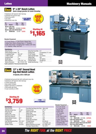 The RIGHT TOOL at the RIGHT PRICEThe RIGHT TOOL at the RIGHT PRICE24
Machinery ManualsLathes
• Headstock with tapered roller bearings
• Hardened and ground ways
• Reversing switch
• Inch dials
• Reinforced cross ribs
Wt. Reg. Sale
Lbs. Model # Price Price
Bench Lathe Only
250 RB893-1273 $1,295.98 $1,165.00
Bench Lathe with Cabinet Stand
328 RB308-0338 1,497.98 1,365.00
*Lathe is prewired for 110v,but can be wired for 220v
Speciﬁcations
Swing Over Bed: 9" Swing Over Cross Slide: 51⁄4"
Distance Between Centers: 20" CarriageTravel: 16" longitudinal, 41⁄2" cross
2 Longitudinal Feeds: .005, .007" 27 InchThreads: 8-56 tpi
11 MetricThreads: .5-3mm Tailstock SpindleTravel: 1.57" (40mm)
CompoundTravel: 2" TailstockTaper: 2 MT
SpindleTaper: 3 MT Spindle Bore Dia.: .787" (20mm)
Motor & Electrics: 3⁄4 hp, 110v*, 1 ph. 6 Spindle Speeds: 130-2000 rpm
Machine Dimensions: 38L x 181⁄2W x 16"H Spindle Nose Mounting: 11⁄2-8"
Quick-change gearbox for easier threading
9" x 20" Bench Lathes
SAVEUP TO
10%
1-YEAR LIMITED
WARRANTY
Starting At
$
1,165
• 4" 3-Jaw Chuck • 7" 4-Jaw Chuck • Steady Rest
• Follow Rest • Metric Change Gears • 7" Faceplate
• 2 MT Dead Center • Threading Dial • Toolbox with Tools
• 1⁄2" Capacity, 4-Way Tool Post
Standard Equipment
• Hardened and ground bed with reinforced cross ribs
• Headstock with tapered roller bearings
• Thread chasing dial
• Easy speed changes
• Splash lubrication in headstock
• Removable gap block
• 3-year warranty on DRO
Wt. Reg. Sale
Lbs. Model # Price Price
Lathe ONLY
1,100 RB510-2585 $4,176.98 $3,759.00
Lathe with Cabinet Stand
1,345 RB510-2591 4,496.98 4,059.00
Lathe with Cabinet Stand with ACU-RITE®
VUE 2-Axis DRO Installed
1,355 RB510-2592 5,876.98 5,189.00
Standard Equipment
• 6" 3-Jaw Chuck
• 7" 4-Jaw Chuck
• Steady Rest
• Follow Rest
• 10" Faceplate
• Chip Pan
• 3 MT Dead Center
• 11⁄16" Capacity
• 4-Way Tool Post
• Metric Change Gears
• Threading Dial
• Toolbox with Tools
Speciﬁcations
Swing Over Bed: 13" Cross-Slide Feed Range (Inch./Rev.): .0004-.0105"
TableWork Surface Area: 13 x 40" CompoundTravel: 211⁄16"
Swing Over Gap: 183⁄4" Tailstock SpindleTravel: 33⁄4"
Length of Gap: 9" TailstockTaper: 3 MT
Swing Over Cross Slide: 8" Spindle Nose Mounting: D1-4
Swing Over Compound: 3" Spindle Bore Dia.: 11⁄2"
Distance Between Centers: 391⁄3" SpindleTaper: 5 MT
CarriageTravel: 34" SpindleTaper with Sleeve: 3 MT
Long.Feed Range (Inch./Rev.): .0011-.0311" 18 Spindle Speeds: 60-1500 rpm
40 InchThreads: 4-112 tpi Motor & Electrics: 11⁄2 hp, 220v, 1 ph.
29 MetricThreads: .25-4.5mm Machine Dimensions (w/o stand): 67L x 26W x 25"H
Floor Space Required (Max.): 72L x 34"W
13" x 40" Geared Head
Gap Bed Bench Lathes
18 Speeds, 60 to 1500 rpm
SAVEUP TO
$
688
Starting At
$
3,759 1-YEAR
LIMITED WARRANTY
24-25 EH 13-07 Lathes.indd 2424-25 EH 13-07 Lathes.indd 24 6/19/13 11:31 AM6/19/13 11:31 AM
 