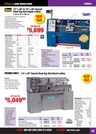 PHONE: 800-USE-ENCO (800-873-3626) INTERNET: use-enco.comPHONE: 800-USE-ENCO (800-873-3626) INTERNET: use-enco.com 25
Online at use-enco.com Lathes
Speciﬁcations 13" x 40" 14" x 40"
Swing Over Bed: 13" 14"
Swing Over Gap: 19" 20"
Length of Gap: 93⁄8" 93⁄8"
Swing Over Cross Slide: 7" 81⁄2"
Swing Over Compound: 31⁄2" 31⁄2"
CarriageTravel: 371⁄2" 371⁄4"
Long.Feed Range
(In./Rev.): .0012-.0294" .0012-.0294"
40 InchThreads: 4-112 tpi 4-112 tpi
22 MetricThreads: .45-7.5mm .45-7.5mm
Cross-SlideTravel: 6" 6"
Cross-Slide Feed Range: .0003-.0100" .0003-.0100"
CompoundTravel: 31⁄2" 31⁄2"
Tailstock SpindleTravel: 43⁄4" 43⁄4"
TailstockTaper: 3 MT 3 MT
Spindle Nose Mounting: D1-4 D1-4
Spindle Bore Dia.: 17⁄16" 17⁄16"
SpindleTaper: 5 MT 5 MT
Motor & Electrics: 3 hp, 220v 3 hp, 220v, 3 ph.
Machine Dimensions: 713⁄4L x 31W x 455⁄8"H 713⁄4L x 31W x 491⁄8"H
13" x 40" & 14" x 40" Geared
Head Gap Bed Engine Lathes
8 Speeds, 90 to 1800 rpm
• Jog button for easy gear engagement
and spindle inching
• Quick speed changes
• Splash lubrication in headstock
• Totally enclosed gearbox
• Hardened and ground bedways
• Spindle with tapered roller bearings
• 3-year warranty on DRO
Shown with DRO
Wt. Reg. Sale
Description Lbs. Model # Price Price
Engine Lathe ONLY
13" x 40" 1,940 RB319-9733 $5,998.98 $5,699.00
14" x 40" 1,940 RB308-0232 6,598.98 5,939.00
Engine Lathe with ACU-RITE®
VUE
2-Axis DRO Installed
13" x 40" 1,976 RB319-9734 7,498.98 6,749.00
14" x 40" 1,976 RB308-0235 8,098.98 7,289.00
1-YEAR LIMITED
WARRANTY
SAVEUP TO
$
809
Starting At
$
5,699
• 4-Way Tool Post
• Backplate
• Steady and Follow Rests
• Chip Pan
• 12" Faceplate
• Coolant System
• Live and Dead Centers
• Foot Brake
• Splashguard
• 6" 3-Jaw and 8" 4-Jaw Chucks
Standard Equipment
SAVEUP TO
$
901
Wt. Reg. Sale
Description Lbs. Model # Price Price
Bench Lathe Only 1,100 RB328-6153 $5,610.25 $5,049.95
Bench Lathe with Cabinet Stand 1,270 RB328-6135 6,096.98 5,495.95
Bench Lathe with ACU-RITE®
VUE 2-Axis
DRO System Installed and Cabinet Stand 1,320 RB328-6134 7,496.98 6,595.95
• 6" 3-Jaw Chuck
• 8" 4-Jaw Chuck
• 10" Faceplate
• Steady Rest
• Follow Rest
• 3 MT Dead Center
• 4-Way Tool Post
• Chip Pan
• Toolbox
• Threading Dial
Standard Equipment
14" x 40" Geared Head Gap Bed Bench Lathes
Features:
• Full-length splashguard
• 2 hp, 220v, 1-ph. motor
• Bed is hardened and ground
with reinforced cross ribs
• D1-4 camlock spindle
• 3-year warranty on DRO
Speciﬁcations
Swing Over Bed: 14"
Swing Over Cross Slide: 8"
Distance Between Centers: 40"
Swing Over Gap: 20"
Spindle BoreTaper: 5 MT
CenterTaper: 3 MT
18 Spindle Speeds: 70-1500 rpm
Longitudinal Feeds: .002-.024"
Cross Feeds: .001-.012"
40 InchThreads: 4-112 tpi
22 MetricThreads: .25-6mm
Cross-SlideTravel: 6"
Tailstock
SpindleTravel: 4"
CenterTaper: 3 MT
BedWidth: 71⁄8"
GapWidth: 8"
1yearlimitedwarranty!
As Low As
$
5,04995
24-25 EH 13-07 Lathes.indd 2524-25 EH 13-07 Lathes.indd 25 6/19/13 11:32 AM6/19/13 11:32 AM
 