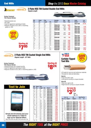 The RIGHT TOOL at the RIGHT PRICEThe RIGHT TOOL at the RIGHT PRICE26
Shop the 2013 Enco Master CatalogEnd Mills
Surface Treatment:
TiN (Titanium Nitride)
• General-purpose use • Extends tool life
• Used for aggressive machining of steels
• Requires increase of 25 to 30% in machining speeds vs. HSS
Regular Length - 30° Helix
2 Flute HSS TiN Coated Single End Mills
Mill Shank Flute Low
Dia. Dia. Length OAL Model # Price
1⁄8" 3⁄8" 3⁄8" 25⁄16" RB337-5060 $8.24
3⁄16 3⁄8 7⁄16 25⁄16 RB337-5061 8.24
1⁄4 3⁄8 1⁄2 27⁄16 RB337-5062 8.24
5⁄16 3⁄8 9⁄16 25⁄16 RB337-5063 8.24
3⁄8 3⁄8 9⁄16 25⁄16 RB337-5064 8.24
7⁄16 3⁄8 13⁄16 21⁄2 RB337-5065 11.57
1⁄2 1⁄2 1 3 RB337-5067 11.98
9⁄16 1⁄2 11⁄8 31⁄8 RB337-5068 14.39
5⁄8 1⁄2 11⁄8 31⁄8 RB337-5069 16.13
5⁄8 5⁄8 15⁄16 37⁄16 RB337-5070 16.79
11⁄16 1⁄2 15⁄16 35⁄16 RB337-5071 17.11
3⁄4 1⁄2 15⁄16 35⁄16 RB337-5072 18.97
3⁄4 3⁄4 15⁄16 39⁄16 RB337-5074 18.97
13⁄16 3⁄4 11⁄2 33⁄4 RB337-5075 27.50
7⁄8 5⁄8 11⁄2 35⁄8 RB337-5076 27.01
7⁄8 7⁄8 11⁄2 33⁄4 RB337-5078 23.84
15⁄16 5⁄8 11⁄2 35⁄8 RB337-5079 24.09
1 5⁄8 11⁄2 35⁄8 RB337-5080 31.43
1 3⁄4 11⁄2 33⁄4 RB337-5081 31.43
1 1 15⁄8 41⁄8 RB337-5082 36.75
11⁄8 3⁄4 11⁄2 33⁄4 RB337-5083 40.48
Starting At
$
824
• General-purpose use
• 30° Helix
• Used for aggressive machining of steels
• Requires increase of 25 to 30% in machining
speeds vs. HSS
Surface Treatment:
TiN (Titanium Nitride)
Regular Length
2 Flute HSS TiN Coated Double End Mills
Mill Shank Flute Interstate Reg. Sale Hertel Low
Dia. Dia. Length OAL Model # Price Price Model # Price
1⁄8" 3⁄8" 3⁄8" 31⁄8" — RB337-5280 $11.48
5⁄32 3⁄8 7⁄16 31⁄8 RB328-0798 $10.23 $8.95 —
3⁄16 3⁄8 7⁄16 31⁄8 RB326-0858 9.67 7.95 RB337-5282 11.48
7⁄32 3⁄8 1⁄2 31⁄8 RB328-0799 10.23 8.95 RB337-5283 12.14
1⁄4 3⁄8 1⁄2 31⁄8 RB326-0859 9.80 7.95 RB337-5284 11.64
9⁄32 3⁄8 9⁄16 31⁄8 — RB337-5285 12.23
5⁄16 3⁄8 9⁄16 31⁄8 RB326-0860 9.67 7.95 RB337-5286 11.48
11⁄32 3⁄8 9⁄16 31⁄8 RB319-2292 10.23 8.95 —
11⁄32 1⁄2 9⁄16 31⁄8 — RB337-5287 12.14
3⁄8 3⁄8 9⁄16 31⁄8 RB326-0861 9.80 7.95 RB337-5288 11.64
13⁄32 1⁄2 13⁄16 33⁄4 — RB337-5289 18.46
7⁄16 1⁄2 13⁄16 33⁄4 RB326-0862 14.78 12.95 RB337-5290 17.54
1⁄2 1⁄2 13⁄16 33⁄4 RB326-0863 14.78 12.95 RB337-9144 17.54
9⁄16 5⁄8 11⁄8 41⁄2 RB326-0864 20.94 17.95 RB337-5293 24.86
5⁄8 5⁄8 11⁄8 41⁄2 RB326-0865 20.45 17.95 RB337-5294 24.29
3⁄4 3⁄4 15⁄16 5 RB326-0866 25.85 22.95 —
7⁄8 7⁄8 19⁄16 51⁄2 RB328-0800 32.51 27.95 RB337-5296 38.59
1 1 15⁄8 57⁄8 RB328-0801 40.00 34.95 RB337-5297 47.48
SAVEUP TO
20%
Starting At
$
795
As Low As
$
377
SAVE
30%On 12+
Carbide-Tipped
Tool Bits
Ind. AL AR Sale Price Ea.
Size No. Model # Model # 1-11 12+
C2
1⁄4" 4 RB383-7140 RB383-7100 $5.39 $3.77
5⁄16 5 RB383-7144 RB383-7104 5.90 4.13
3⁄8 6 RB383-7148 RB383-7108 5.90 4.13
1⁄2 8 RB383-7156 RB383-7116 6.63 4.64
5⁄8 10 RB383-7160 RB383-7120 11.04 7.62
3⁄4 12 RB383-7164 RB383-7124 13.56 9.49
C5
1⁄4 4 RB383-7142 RB383-7102 5.39 3.77
5⁄16 5 RB383-7146 RB383-7106 5.90 4.13
3⁄8 6 RB383-7150 RB383-7110 5.90 4.13
1⁄2 8 RB383-7158 RB383-7118 6.63 4.64
5⁄8 10 RB383-7162 RB383-7122 10.88 7.62
3⁄4 12 RB383-7166 RB383-7126 13.56 9.49
• C2 grade for cast iron and nonferrous materials
• C5 grade for steel and steel alloys
Style AL
• Cuts from left to right
• Left hand for turning to a square shoulder
Style AR
• Cuts from right to left
• Right hand for turning to a square shoulder
Each
Qty.: 12+
Simply text Encotools and your
email address to 77053 to
sign up for Special Offers.
Msg & Data rates may apply. Email subscription only.
Text to Join
To: 77053
Encotools
your email address
26-27 EH 13-07 EM.indd 2626-27 EH 13-07 EM.indd 26 6/19/13 11:33 AM6/19/13 11:33 AM
 