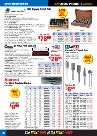 The RIGHT TOOL at the RIGHT PRICEThe RIGHT TOOL at the RIGHT PRICE32
Over 90,000 PRODUCTS AvailableSaws/Broaches/Burs
SAVEUP TO
29%
HSS Keyway Broach Sets
• Sets include all necessary shims
No. 00 Precision Set
Cuts 15 different keyways for small keyways and bores.
Consists of: 3 broaches: A—1⁄16, 3⁄32, 1⁄8"; 5 collared bushings:
A—1⁄4, 5⁄16, 3⁄8, 7⁄16 and 1⁄2"
No. 10 Standard Set
Cuts 18 different keyways. Consists of: 4 broaches: 1⁄8 B, 3⁄16 B, 1⁄4 C, 3⁄8" C;
9 collared bushings: B—1⁄2, 5⁄8, 3⁄4, 7⁄8" and C—1, 11⁄8, 11⁄4, 13⁄8 and 11⁄2"
No. 10-10A Combination Set
Cuts 36 different keyways. Consists of: 4 broaches:
B—1⁄8 and 3⁄16", C—1⁄4 and 3⁄8"; 18 collared bushings:
B—1⁄2, 9⁄16, 5⁄8, 11⁄16, 3⁄4, 13⁄16 and 7⁄8"; C—15⁄16, 1, 11⁄16,
11⁄8, 13⁄16, 11⁄4, 15⁄16, 13⁄8, 17⁄16, 11⁄2 and 19⁄16"
No. 20 Combination Set
Cuts 47 different keyways. Consists of: 5 broaches:
B—1⁄8 and 3⁄16", C—1⁄4, 5⁄16 and 3⁄8"; 18 collared bushings:
B—1⁄2, 9⁄16, 5⁄8, 11⁄16, 3⁄4, 13⁄16 and 7⁄8"; C—15⁄16, 1, 11⁄16,
11⁄8, 13⁄16, 11⁄4, 15⁄16, 13⁄8, 17⁄16, 11⁄2 and 1 9⁄16"
Import duMONT
Ind. Import Reg. Sale duMONT Mfr’s Sale
No. Model # Price Price Model # List Price
00 RB307-2793 $96.10 $78.99 RB395-0100 $188.00 $159.00
10 RB307-2794 171.46 118.99 RB395-0200 326.00 278.00
10-10A RB307-2795 220.61 178.99 RB395-0300 418.00 356.00
20 RB307-2796 253.37 198.99 RB422-1484 480.00 408.00
As Low As
$
7899
SAVEUP TO
42%
Carbide 1⁄4" Shank Burs
Single & Double Cut
• Hardened steel shanks
except 1⁄4" and 3⁄16" dia.,
which are solid carbide
Ind. Cutter Single Cut Double Cut Reg. Sale
No. Dia. L Model # Model # Price Price
A. Cylindrical Ball Nose Burs
SC-1 1⁄4" 5⁄8" RB317-0267 RB317-0276 $12.03 $7.49
SC-3 3⁄8 3⁄4 RB317-0269 RB317-0278 16.19 10.79
SC-5 1⁄2 1 RB317-0271 RB317-0280 25.49 16.79
B. Cylindrical Burs
SA-1 1⁄4 5⁄8 RB317-0210 RB317-0220 10.32 6.49
SA-3 3⁄8 3⁄4 RB317-0212 RB317-0222 14.81 9.49
SA-5 1⁄2 1 RB317-0214 RB317-0224 22.72 14.79
C. Cylindrical End Cut Burs
SB-1 1⁄4 5⁄8 RB317-0231 RB317-0237 11.19 7.29
SB-5 1⁄2 1 RB317-0234 RB317-0241 25.44 16.49
D. 14° Included Angle Burs
SL-1 1⁄4 5⁄8 RB317-0326 RB317-0332 13.10 8.39
SL-3 3⁄8 11⁄16 RB317-0328 RB317-0334 20.63 13.99
SL-4 1⁄2 11⁄8 RB317-0329 RB317-0335 24.73 13.99
E. Ball Shape Burs
SD-14 3⁄16 1⁄8 RB317-0245 RB317-0255 11.06 7.29
SD-1 1⁄4 7⁄32 RB317-0246 RB317-0256 11.06 7.29
SD-3 3⁄8 5⁄16 RB317-0248 RB317-0258 13.55 8.49
SD-5 1⁄2 7⁄16 RB317-0250 — 18.25 11.99
A
B
C
D
E
Starting At
$
649TPI/ Mfr’s Sale
L W Thick. Set Model # List Price
5' 41⁄2" 1⁄2" 0.025" 6/S RB990-0347 $14.66 $9.99
5' 41⁄2" 1⁄2 0.025 10/S RB990-0348 14.66 9.99
5’41⁄2" 1⁄2 0.025 14/S RB990-0349 14.66 9.99
5' 41⁄2" 1⁄2 0.025 14/W RB990-0350 14.66 9.99
5' 41⁄2" 1⁄2 0.025 18/W RB990-0351 14.66 9.99
5' 41⁄2" 1⁄2 0.025 24/W RB990-0352 14.66 9.99
7' 9" 3⁄4 0.032 6/S RB990-0381 22.18 13.99
7' 9" 3⁄4 0.032 10/S RB990-0382 22.18 13.99
7' 91⁄2" 1⁄2 0.025 10/S RB990-0403 17.68 11.99
8' 11" 3⁄4 0.032 10/S RB990-0414 23.89 14.99
9' 3⁄4 0.032 10/S RB990-0418 23.89 14.99
9' 71⁄2" 3⁄4 0.032 10/S RB990-0424 25.60 15.99
9' 71⁄2" 3⁄4 0.032 14/S RB990-0425 25.60 15.99
10' 101⁄2" 3⁄4 0.032 8/S RB990-0443 27.31 16.99
11' 1 0.035 6/S RB990-0452 31.05 19.99
11' 1 0.035 10/S RB990-0454 31.05 19.99
11' 1 0.035 14/S RB990-0455 31.05 19.99
11' 6" 3⁄4 0.032 10/S RB990-0460 28.17 17.99
11' 6" 3⁄4 0.032 14/S RB990-0461 28.17 17.99
11' 6" 1 0.035 10/S RB990-0465 32.08 20.99
12' 6" 1⁄2 0.025 6/S RB990-0471 23.13 14.99
12' 6" 1⁄2 0.025 14/S RB990-0478 23.13 14.99
12' 6" 1 0.035 6/S RB990-0483 34.13 21.99
S=StraightTooth,W=WavyTooth
Flex-Back Bandsaw Blades
Pre-Welded
• Made from carbon steel
with a ﬂexible back for
general-purpose cutting
• Teeth precisely hardened
• Absorbs stresses on
contour cutting
• Suitable for wood and wood
composites, plastics, most
nonferrous foundry-type
metals and mild steel
SAVEUP TO
37%
Starting At
$
999
Bi-Metal Hole Saw Kits
• Master Cobalt®
bi-metal design uses an electron
beam to weld M3 high-speed steel cutting edge
to a tough steel backer. 11⁄2" cutting depth
Mechanic’s Kit— 7⁄8, 1, 11⁄8, 11⁄4 & 11⁄2" saws, arbor to ﬁt 3⁄8" chuck size.
Maintenance Kit— 3⁄4, 7⁄8, 11⁄8, 13⁄8, 11⁄2, 13⁄4, 2,
21⁄4 & 21⁄2" saws, 3 arbors for 1⁄4" and 1⁄2" chuck size,
and 1⁄2" pin drive chuck size, 12" extension.
Electrician’s Kit— 7⁄8, 11⁄8, 13⁄8, 13⁄4, 2 & 21⁄2" saws,
2 arbors for 1⁄2" chuck size.
Plumber’s Kit — 3⁄4, 7⁄8, 11⁄8, 11⁄2, 13⁄4 & 21⁄4" saws,
2 arbors for 1⁄2" standard & pin chuck size.
Industrial Kit— 3⁄4, 7⁄8, 11⁄8, 13⁄8, 11⁄2, 13⁄4, 2, 21⁄4,
21⁄2, 3, 31⁄4, 35⁄8, 33⁄4, 41⁄4 & 41⁄2" saws, 3 arbors
for 1⁄4" & 1⁄2" chuck size, 12" extension. *Steel carrying case
Reg. Sale
Kit Model # Price Price
Mechanic's RB990-0589 $57.04 $29.95
Maintenance RB371-4095 157.75 79.95
Electrician RB990-0591 115.23 59.95
Plumber RB990-0592 110.76 51.95
Industrial RB990-0593* 328.94 159.95
Assembled from superior bi-metal hole saws,
together with arbors.
Starting At
$
2995
High-density polyethylene
case included
32-33 EH 13-07 SBB_DRC.indd 3232-33 EH 13-07 SBB_DRC.indd 32 6/19/13 11:37 AM6/19/13 11:37 AM
 